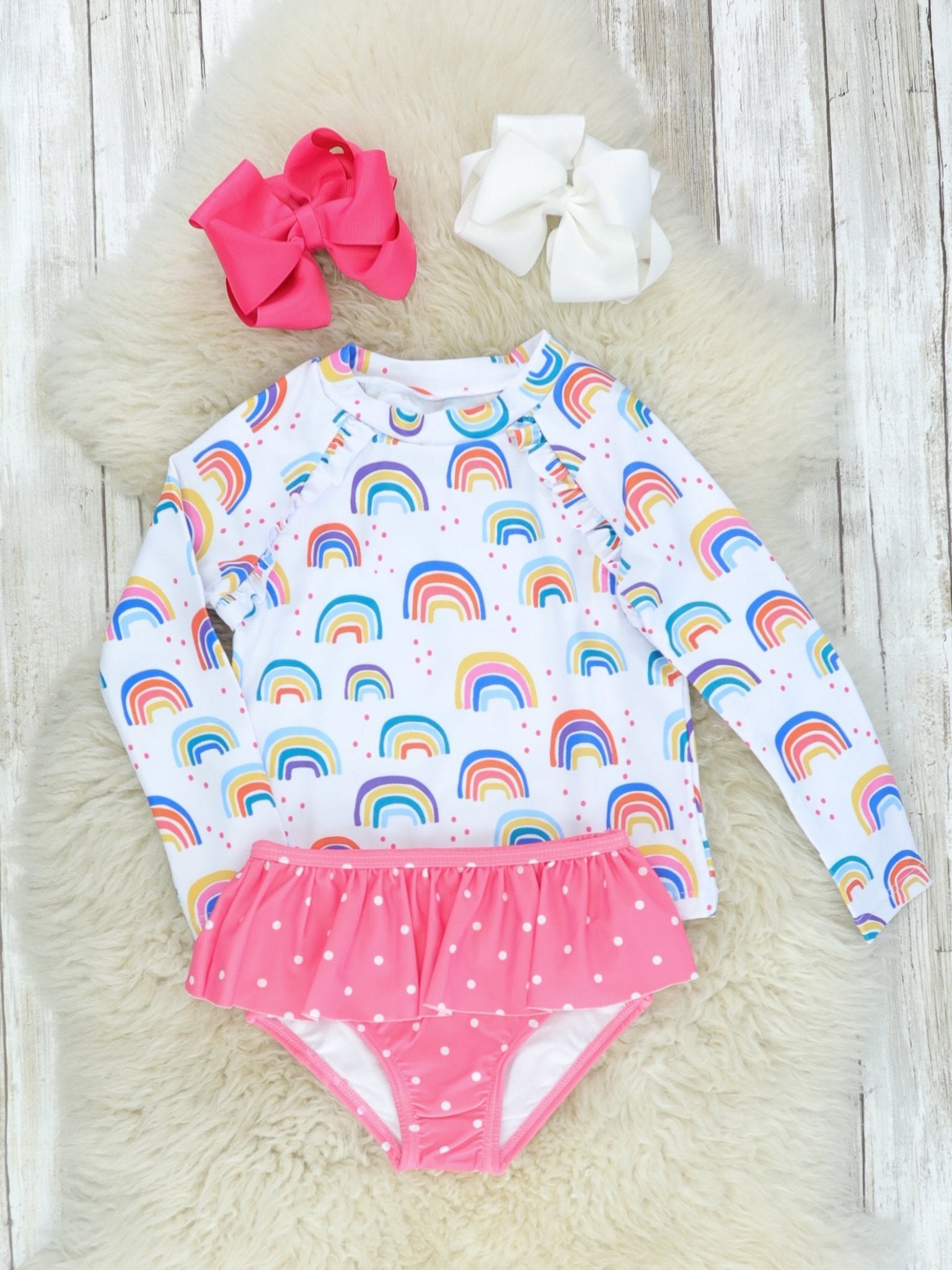 Rainbow Rash Guard & Pink Polka Dot Ruffle Swimsuit - Marie Nicole Clothing