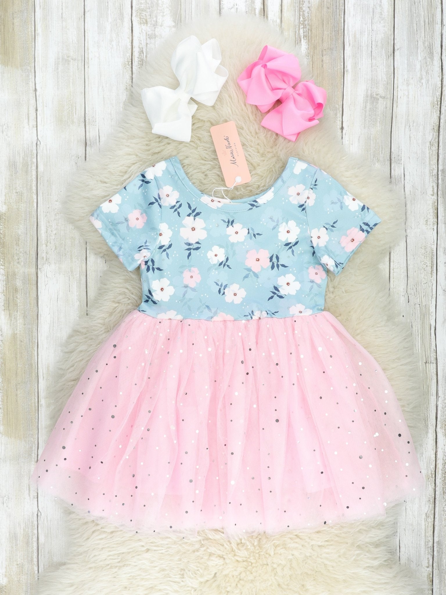 Pink & Blue Floral Tulle Dress - Marie Nicole Clothing