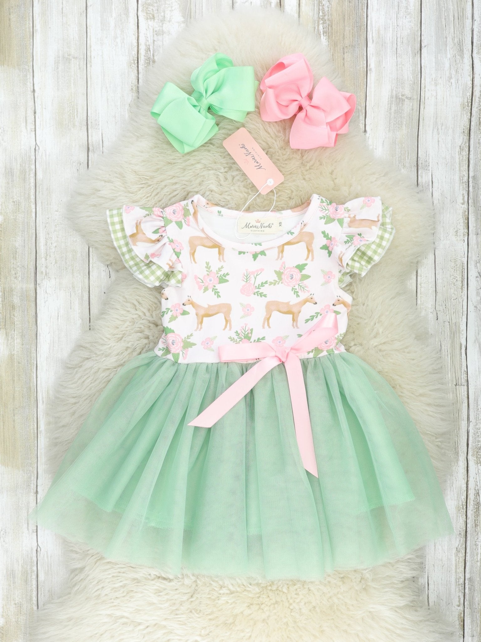Sage Floral Horse Tulle Dress - Marie Nicole Clothing