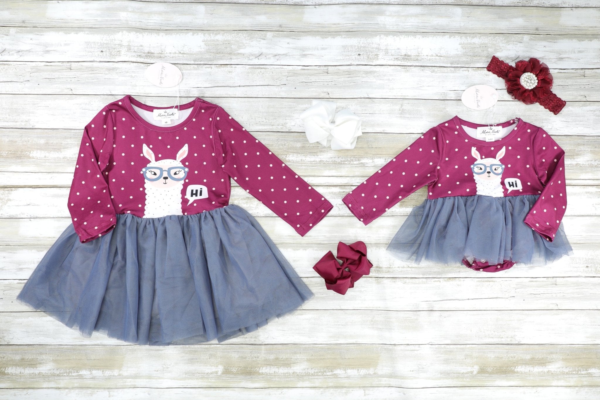 Mulberry & Pink Polka Dot "Hi" Llama Tulle Dress - Marie Nicole Clothing