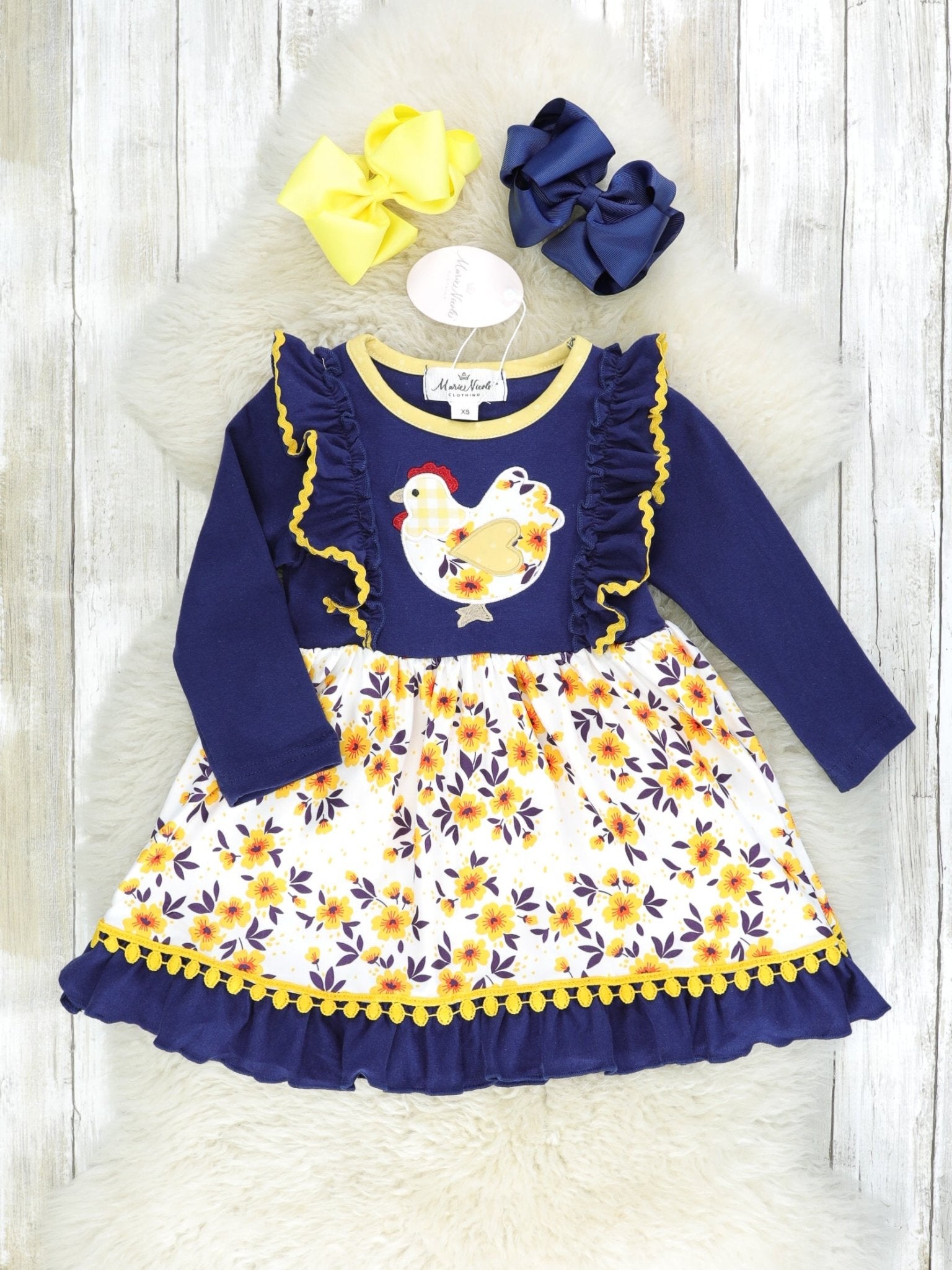 Navy Floral Chicken Ruffle Pom Pom Dress - Marie Nicole Clothing