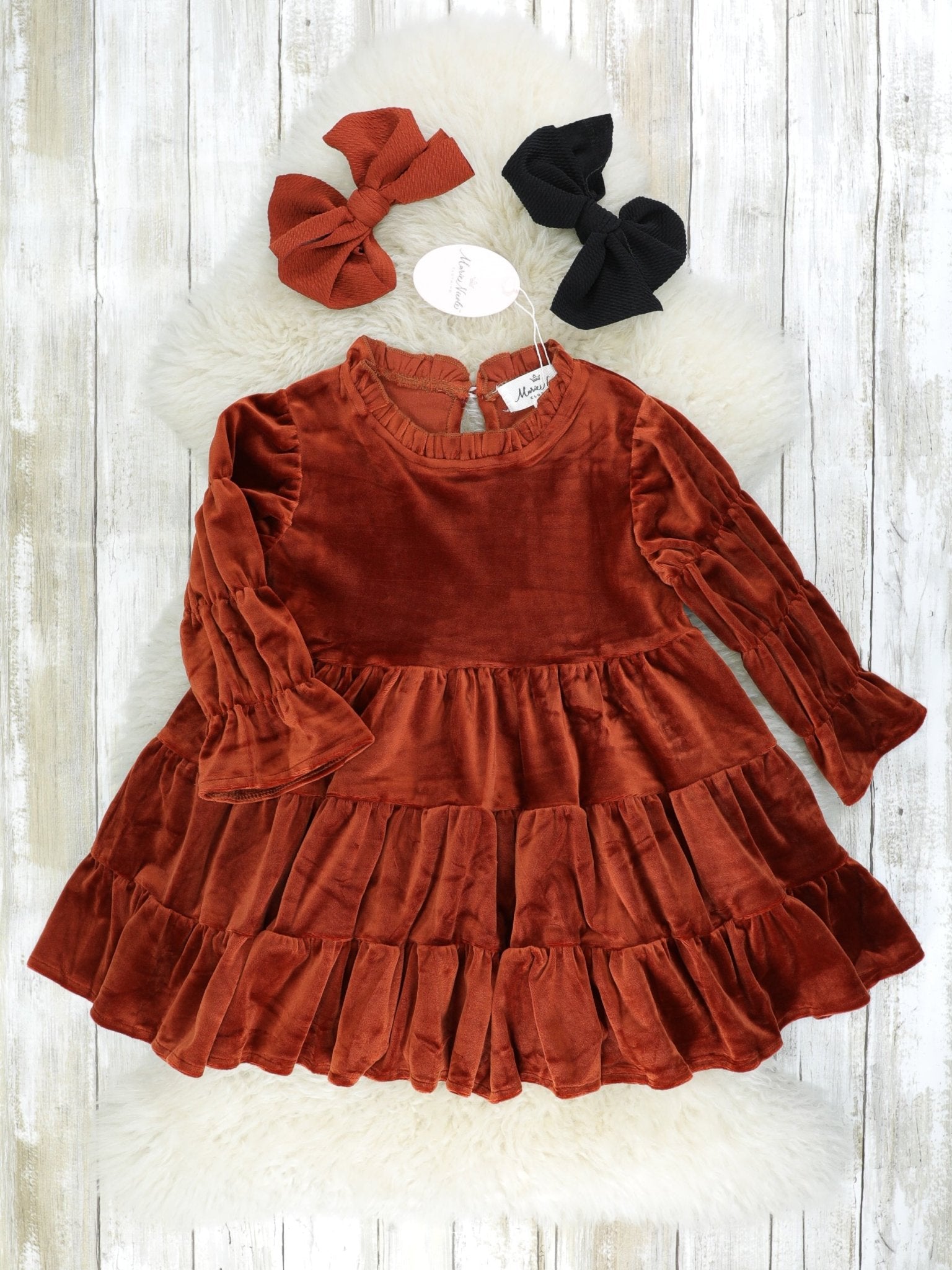 Rust Velvet Tiered Swing Dress - Marie Nicole Clothing