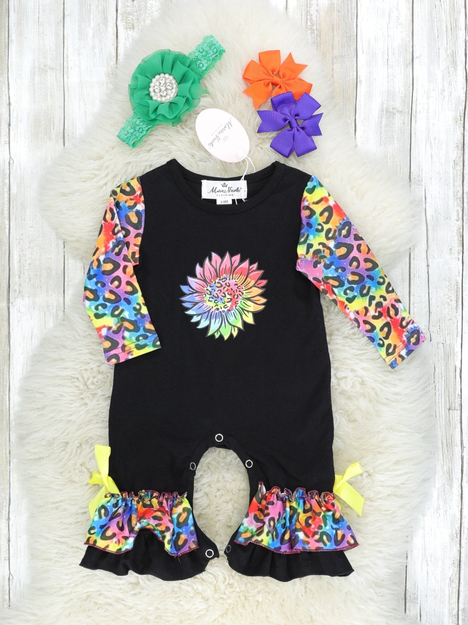 Rainbow Leopard Sunflower Raglan Ruffle Romper - Marie Nicole Clothing