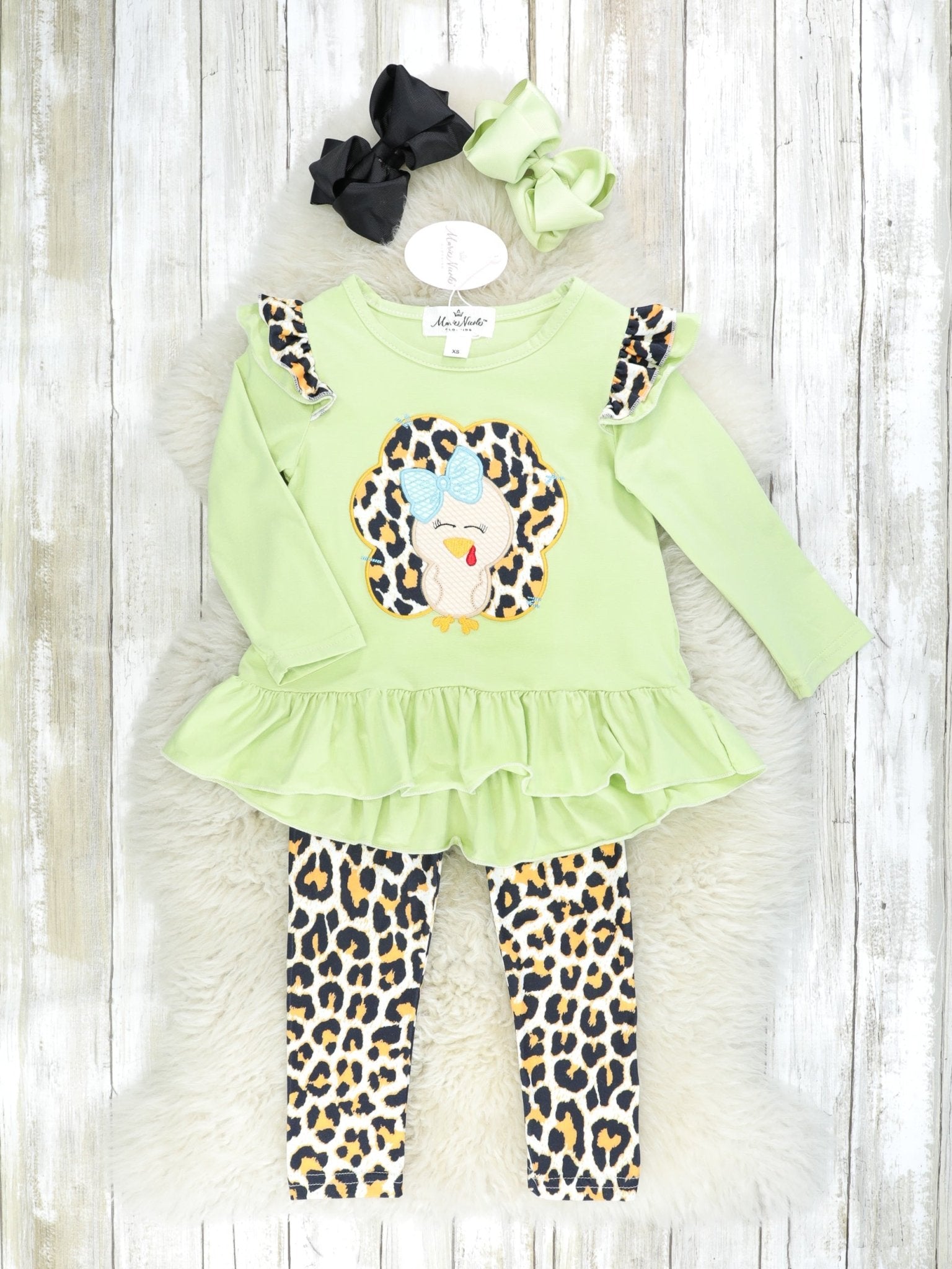Green Leopard Turkey Ruffle Outfit - Marie Nicole Clothing