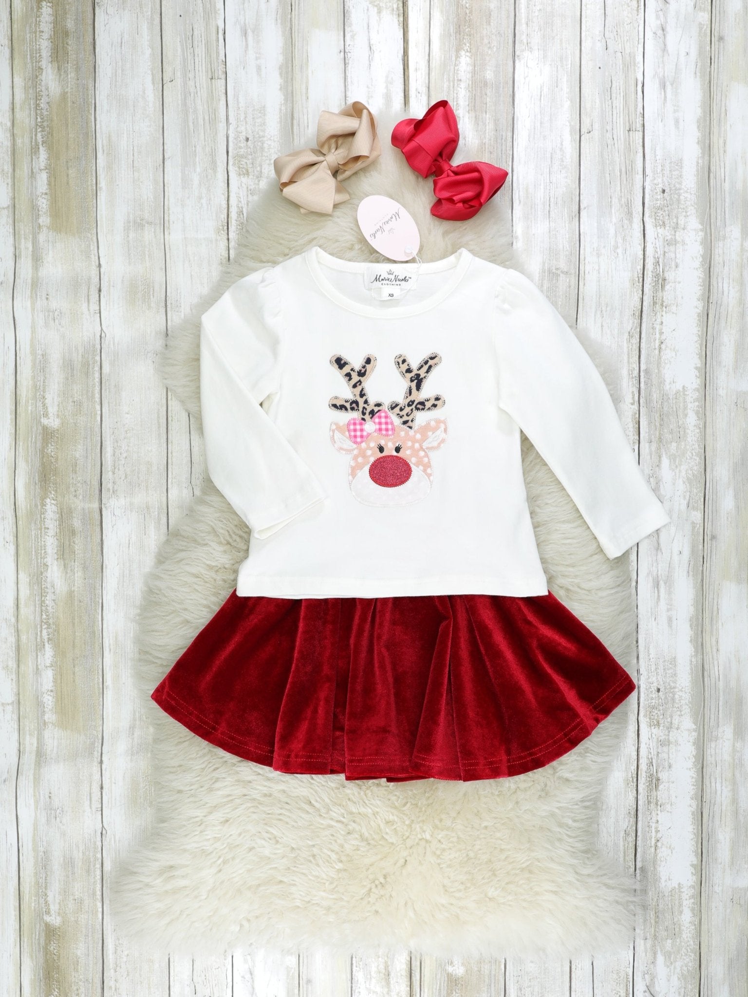 Red Reindeer Velvet Leopard Outfit - Marie Nicole Clothing