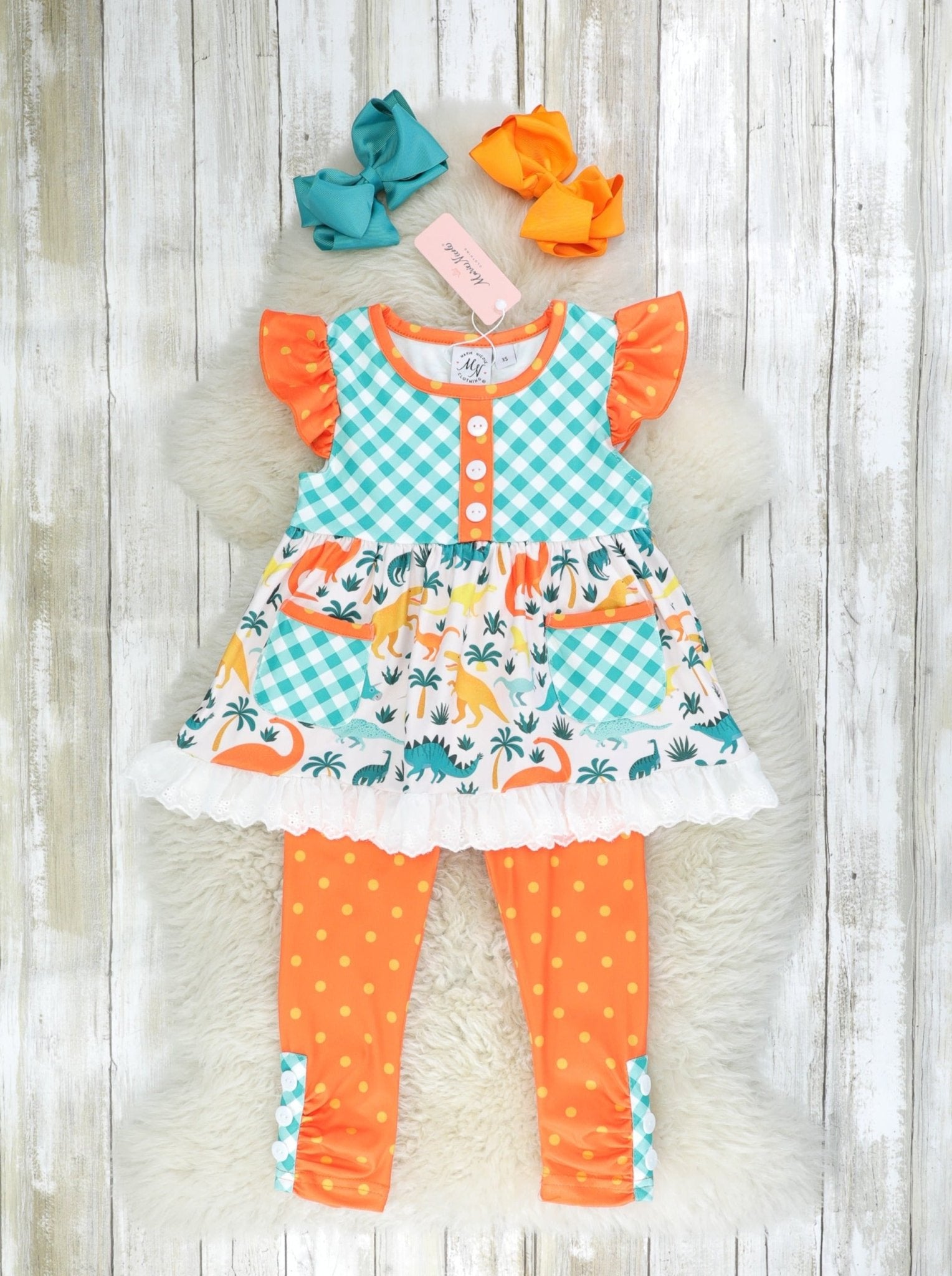 Teal Gingham Dinosaur Ruffle Pocket Outfit - Marie Nicole Clothing