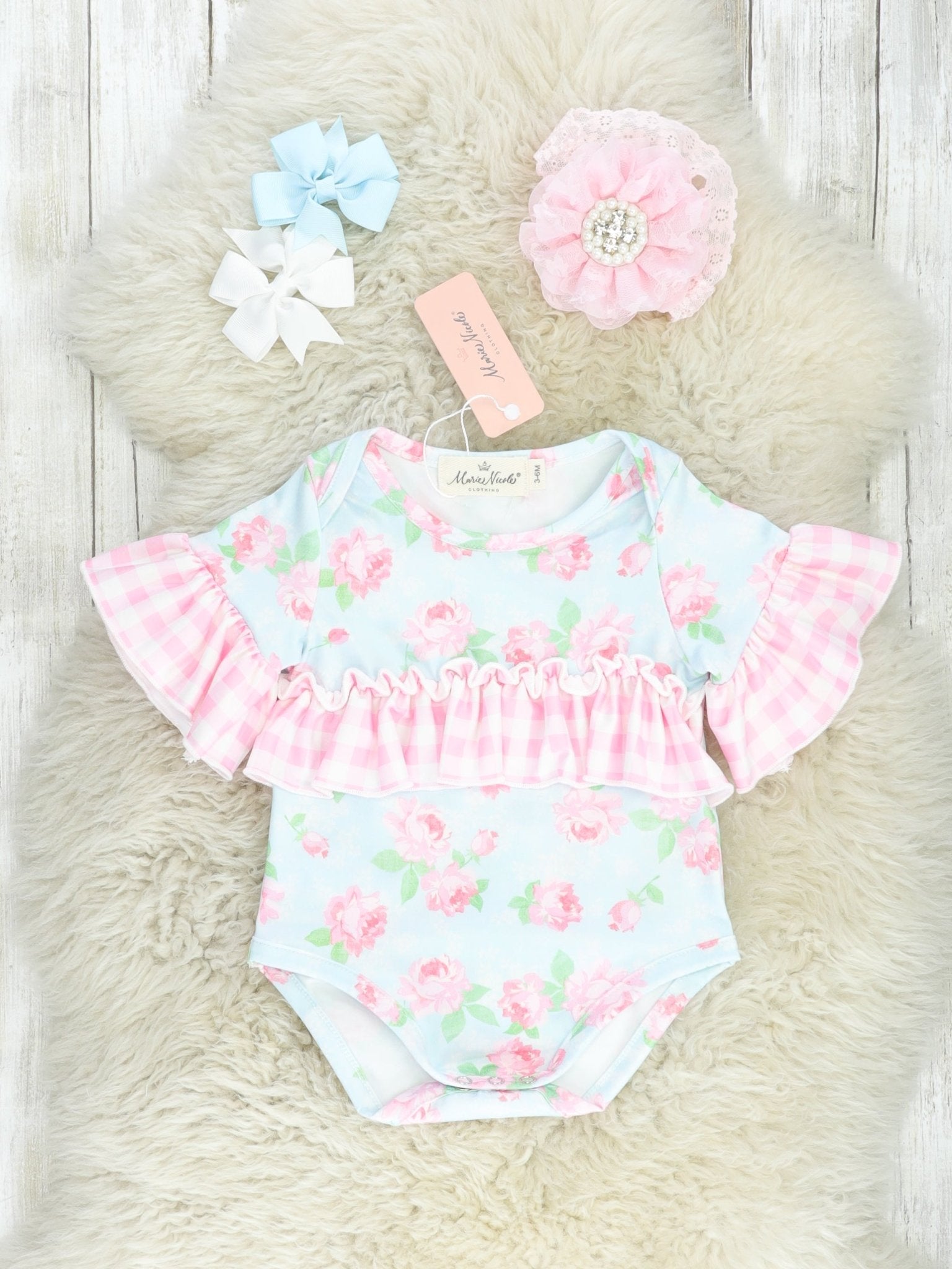 Soft Rose Gingham Ruffle Bubble Romper - Marie Nicole Clothing