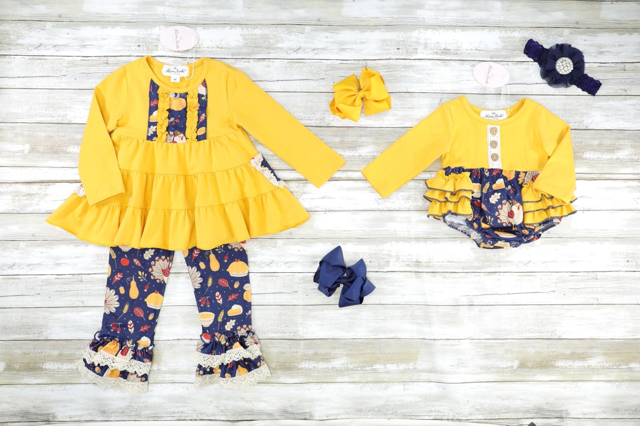 Mustard Navy Turkey Ruffle Outfit - Marie Nicole Clothing
