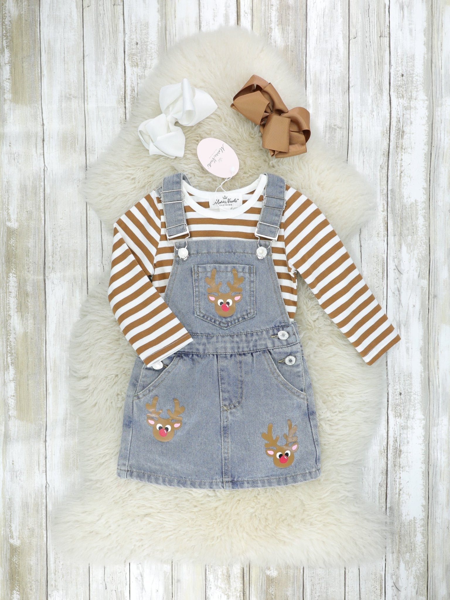Brown Striped Shirt & Denim Reindeer Overall Dress Set - Marie Nicole Clothing