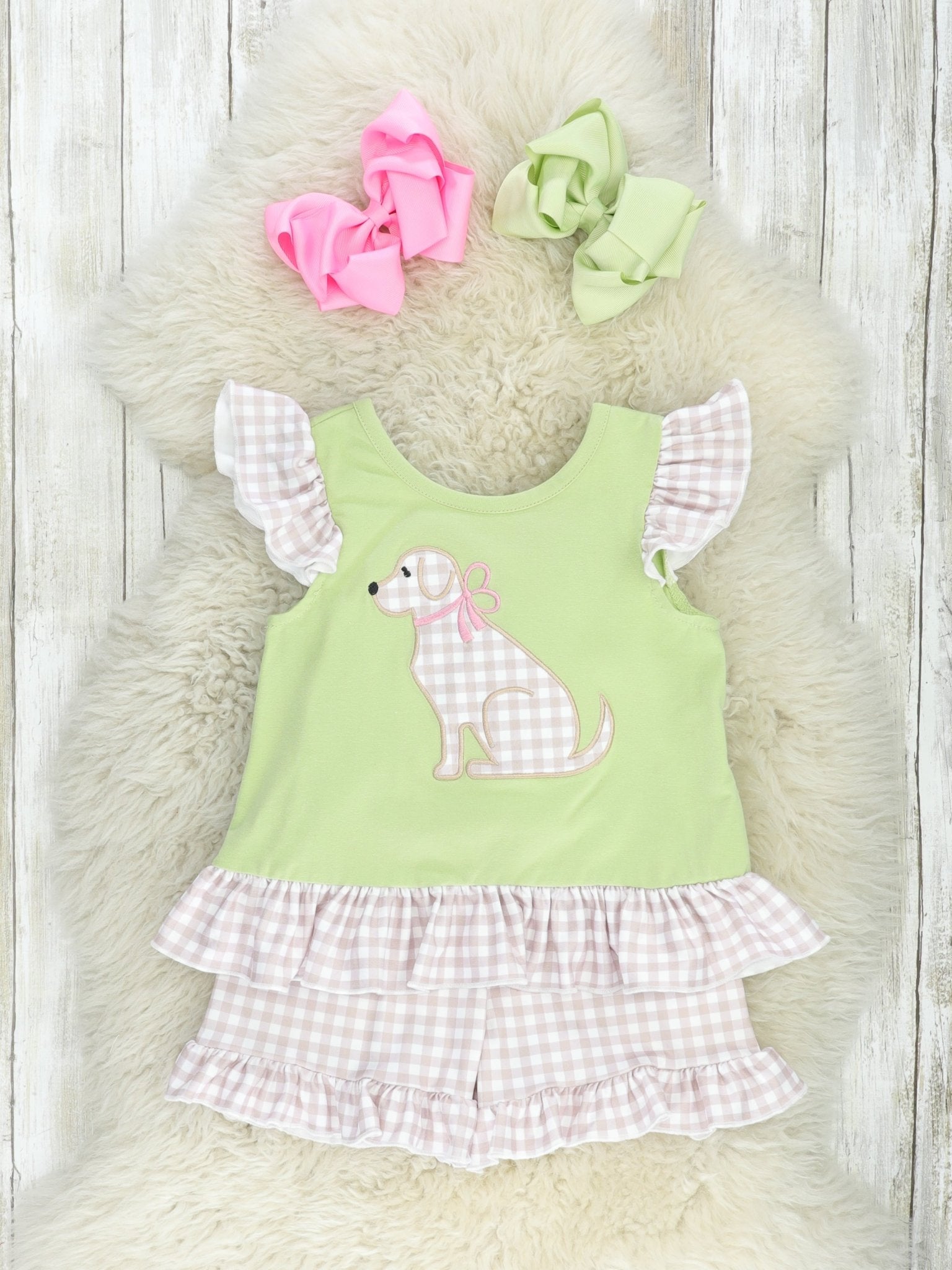 Green Gingham Dog Ruffle Outfit - Marie Nicole Clothing