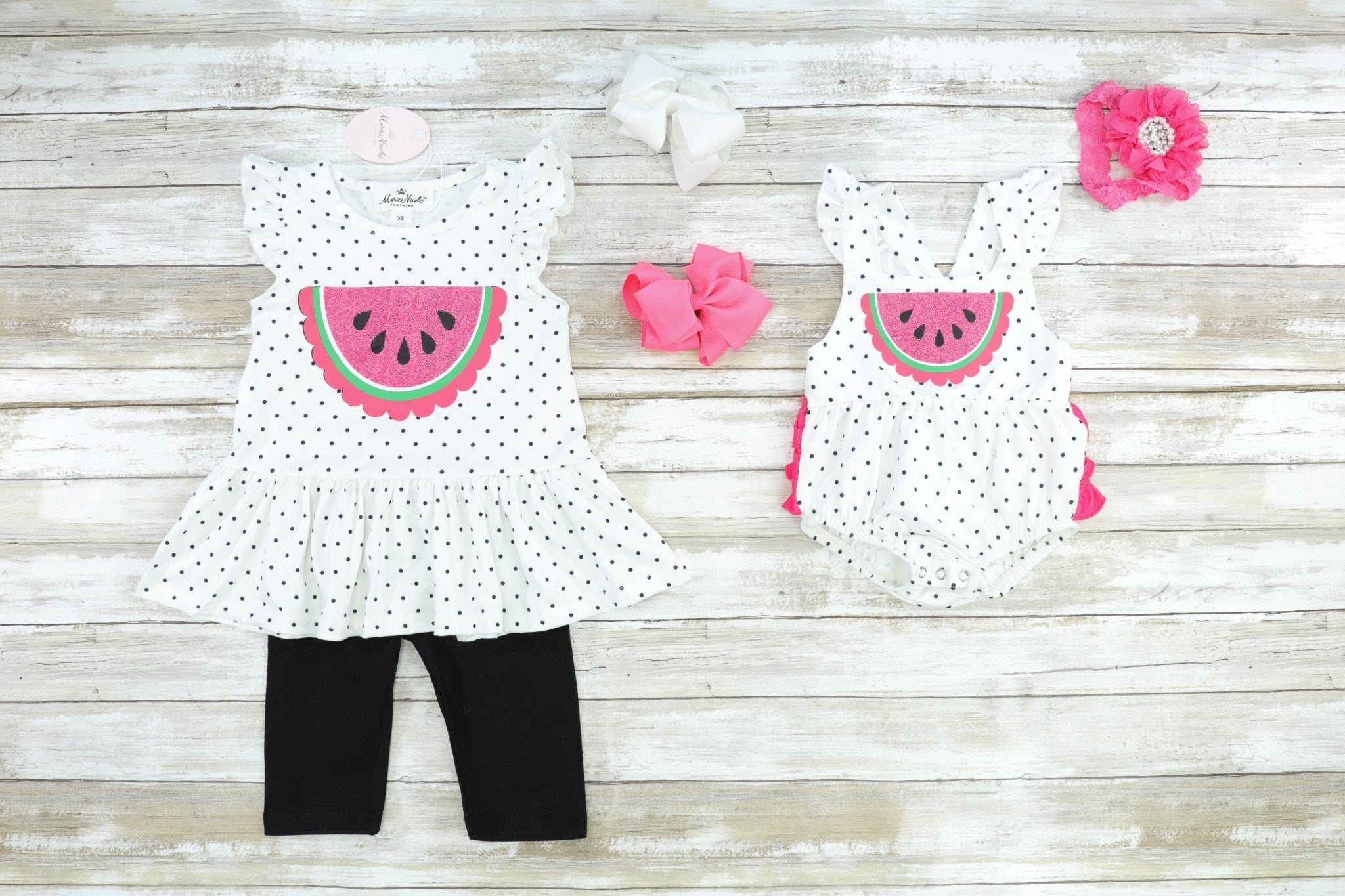 Polka Dotted Watermelon Bubble Romper - Marie Nicole Clothing