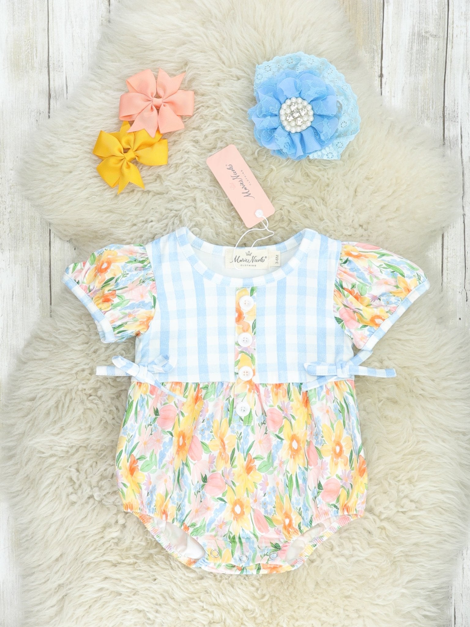 Blue Gingham & Yellow Floral Ruffle Bubble Romper - Marie Nicole Clothing