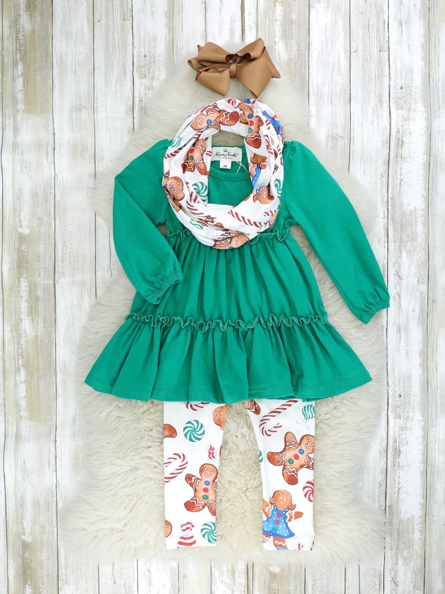 Green Gingerbread 3 - Piece Ruffle Outfit - Marie Nicole Clothing