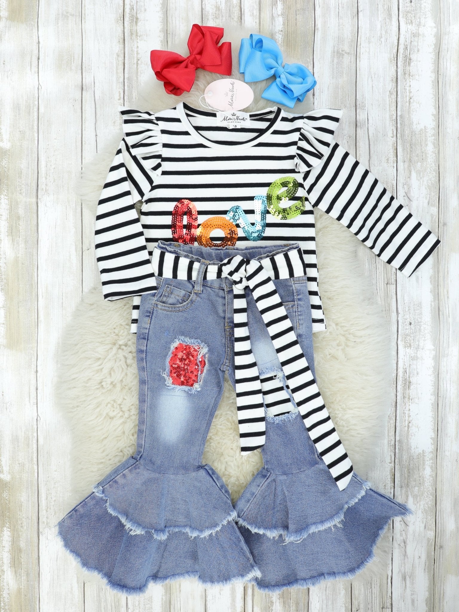 Striped "Love" Sequin Ruffle Top & Denim Bell Bottoms Outfit - Marie Nicole Clothing