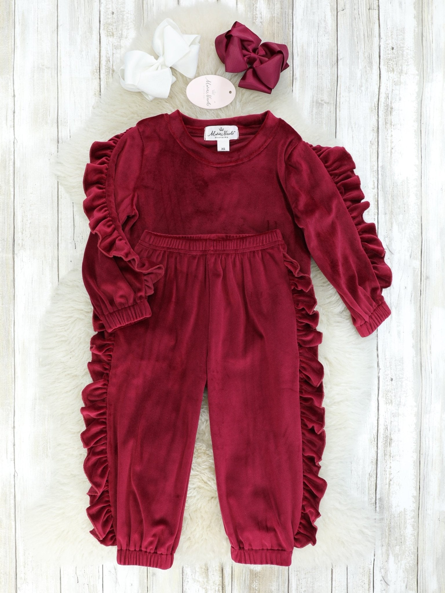 Burgundy Velvet Ruffle Pullover & Jogger Outfit - Marie Nicole Clothing