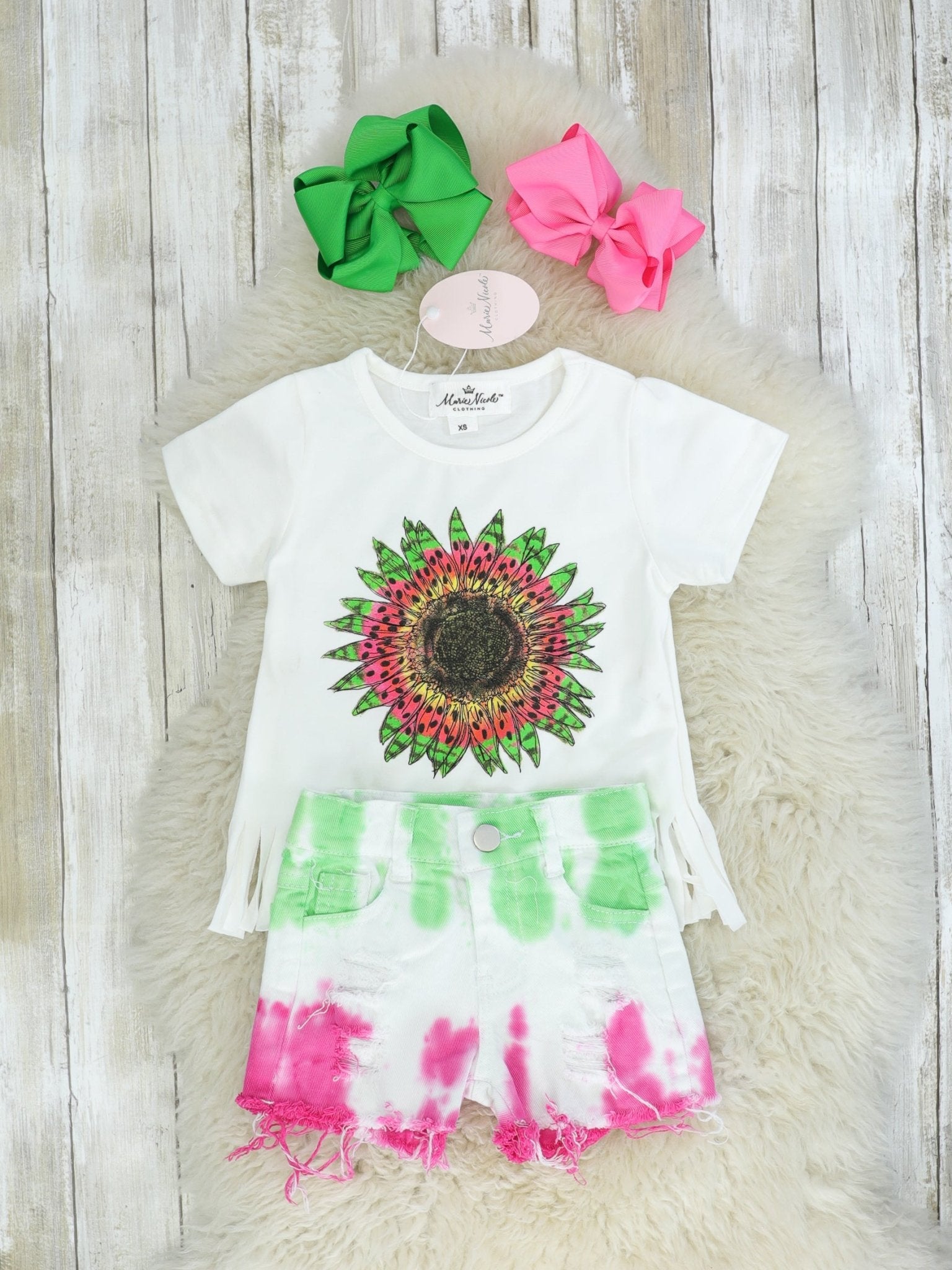 Sunflower Fringe Top & Ombre Shorts Outfit - Marie Nicole Clothing