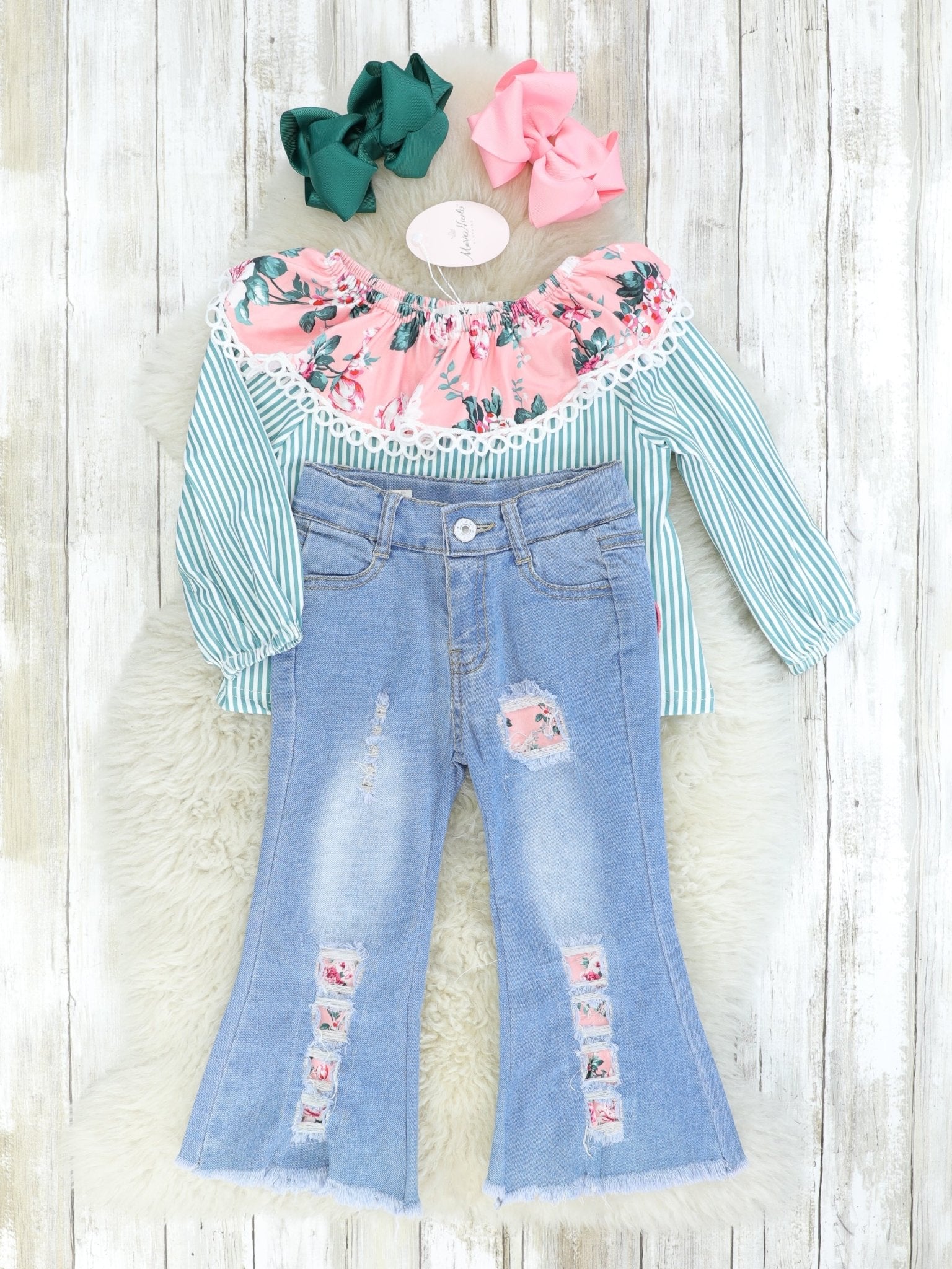 Pink & Green Bike Denim Bell Bottom Outfit - Marie Nicole Clothing