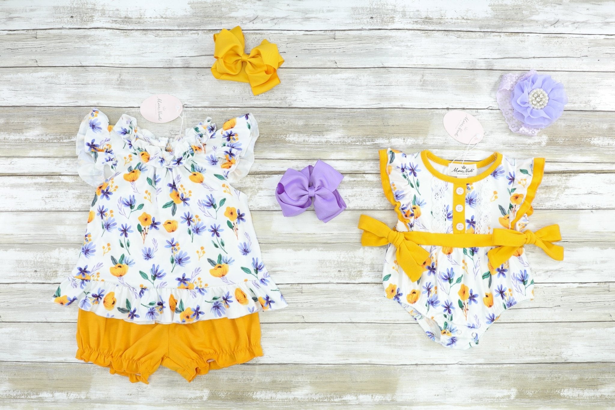 Mustard & Purple Floral Ruffle Bubble Romper - Marie Nicole Clothing