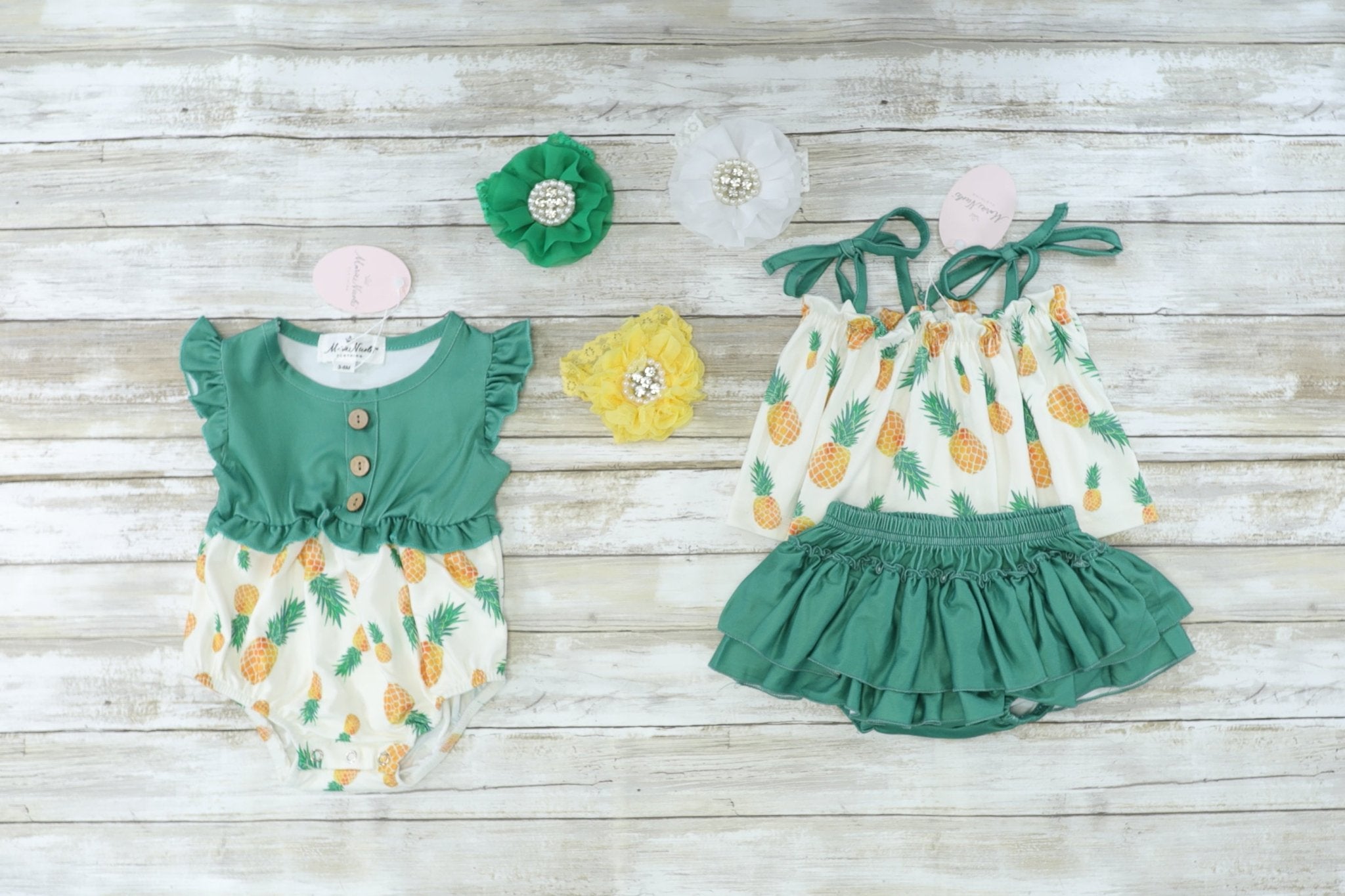 Green Pineapple Ruffle Bubble Romper - Marie Nicole Clothing
