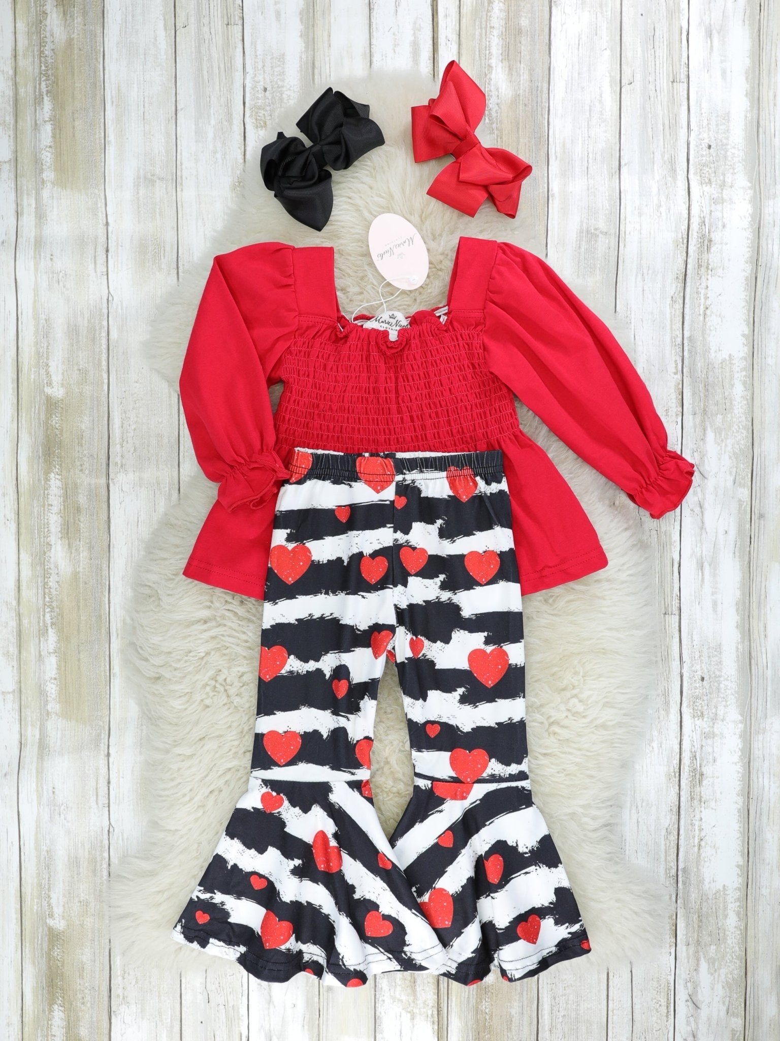 Red Puff Sleeve Top & Striped Heart Bell Bottom Outfit - Marie Nicole Clothing