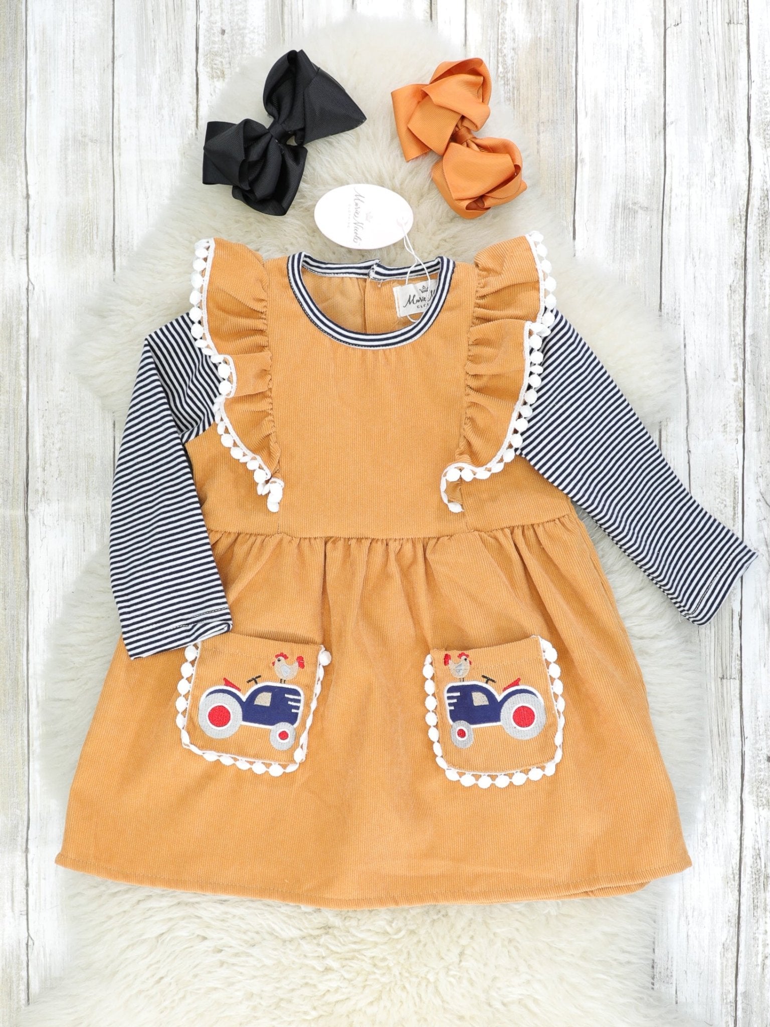 Striped Camel Tractor Ruffle Pocket Dress - Marie Nicole Clothing