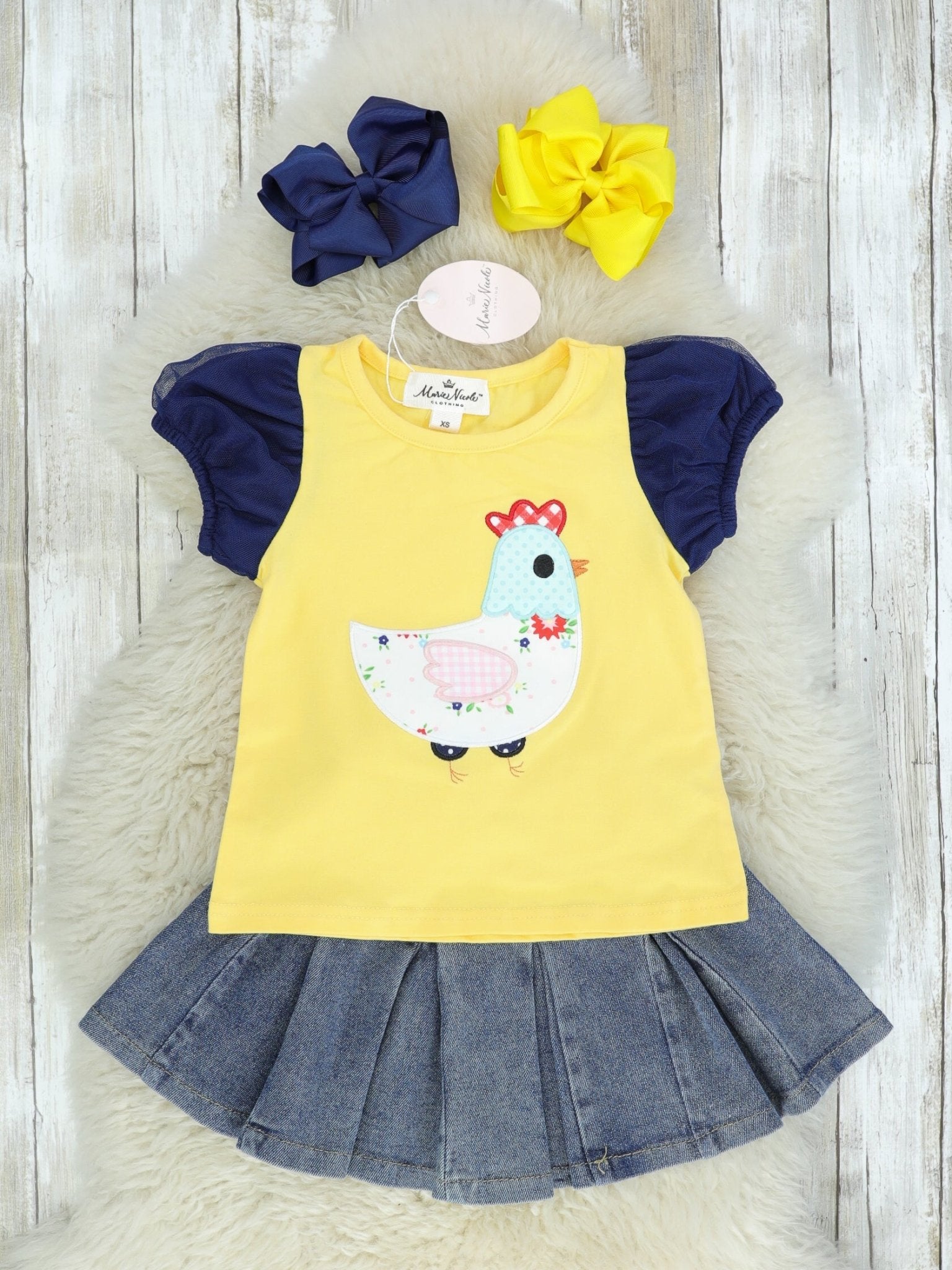 Yellow Chicken Top & Ruffle Denim Skirt Outfit - Marie Nicole Clothing