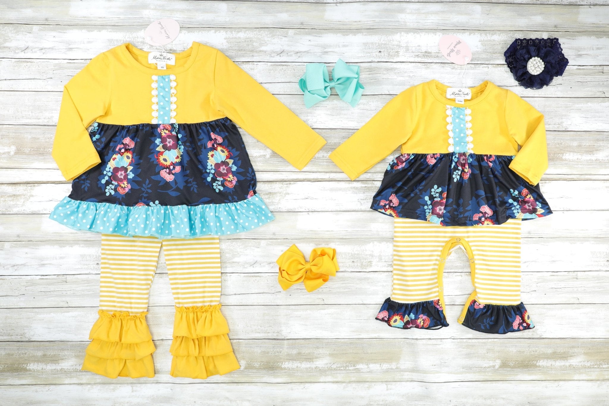 Yellow & Blue Floral Ruffle Romper - Marie Nicole Clothing