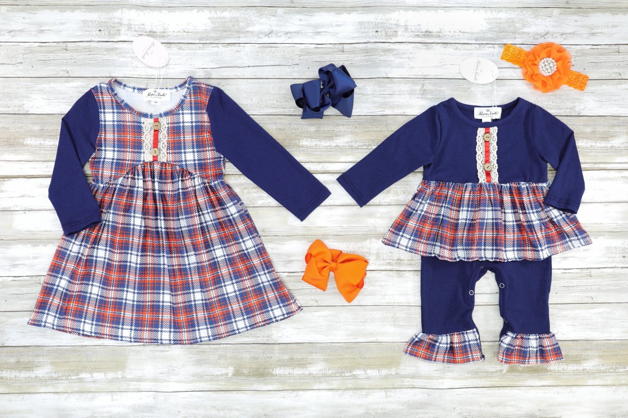 Navy & Orange Plaid Dress - Marie Nicole Clothing