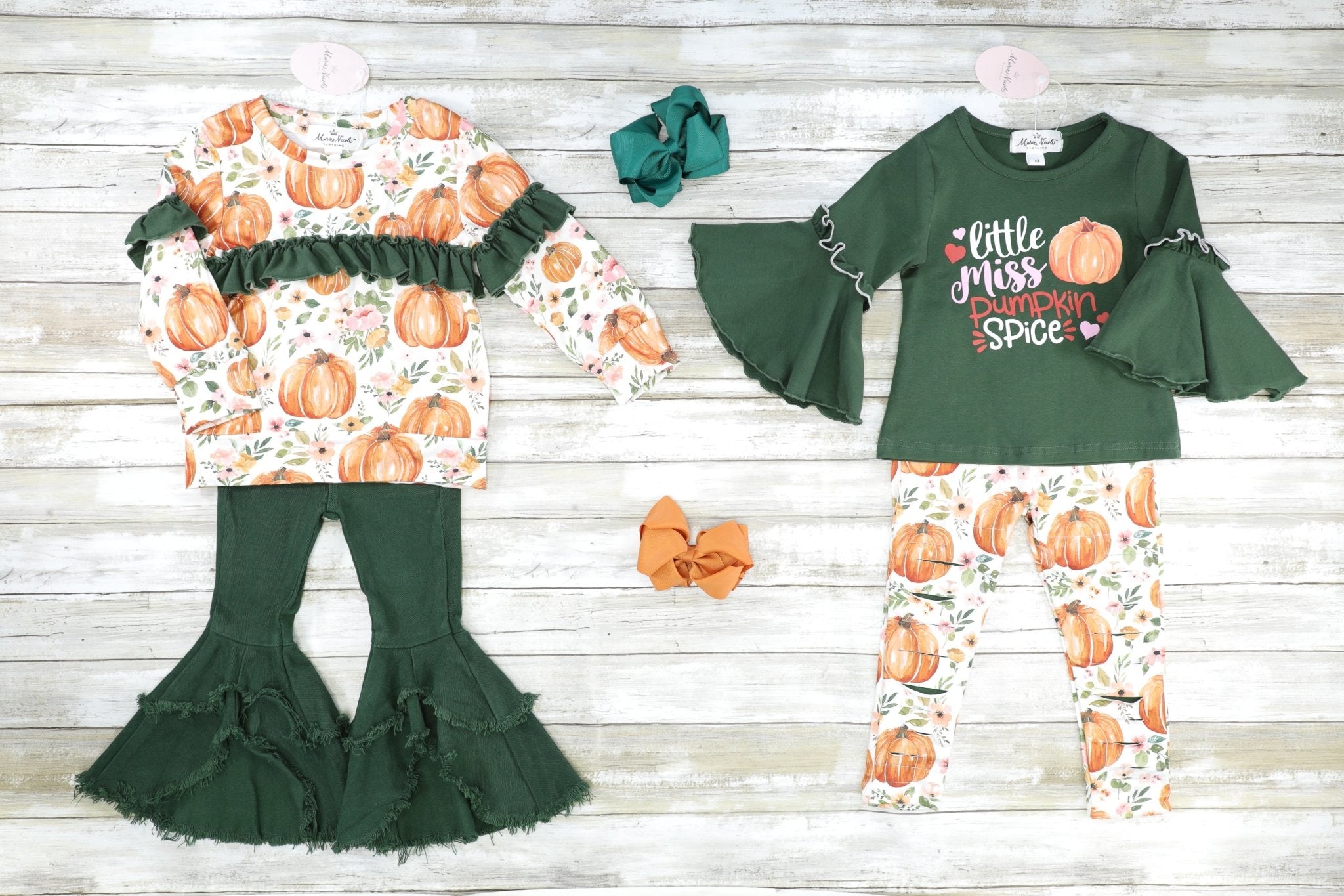 Pumpkin Top & Olive Distressed Denim Bell Bottoms - Marie Nicole Clothing
