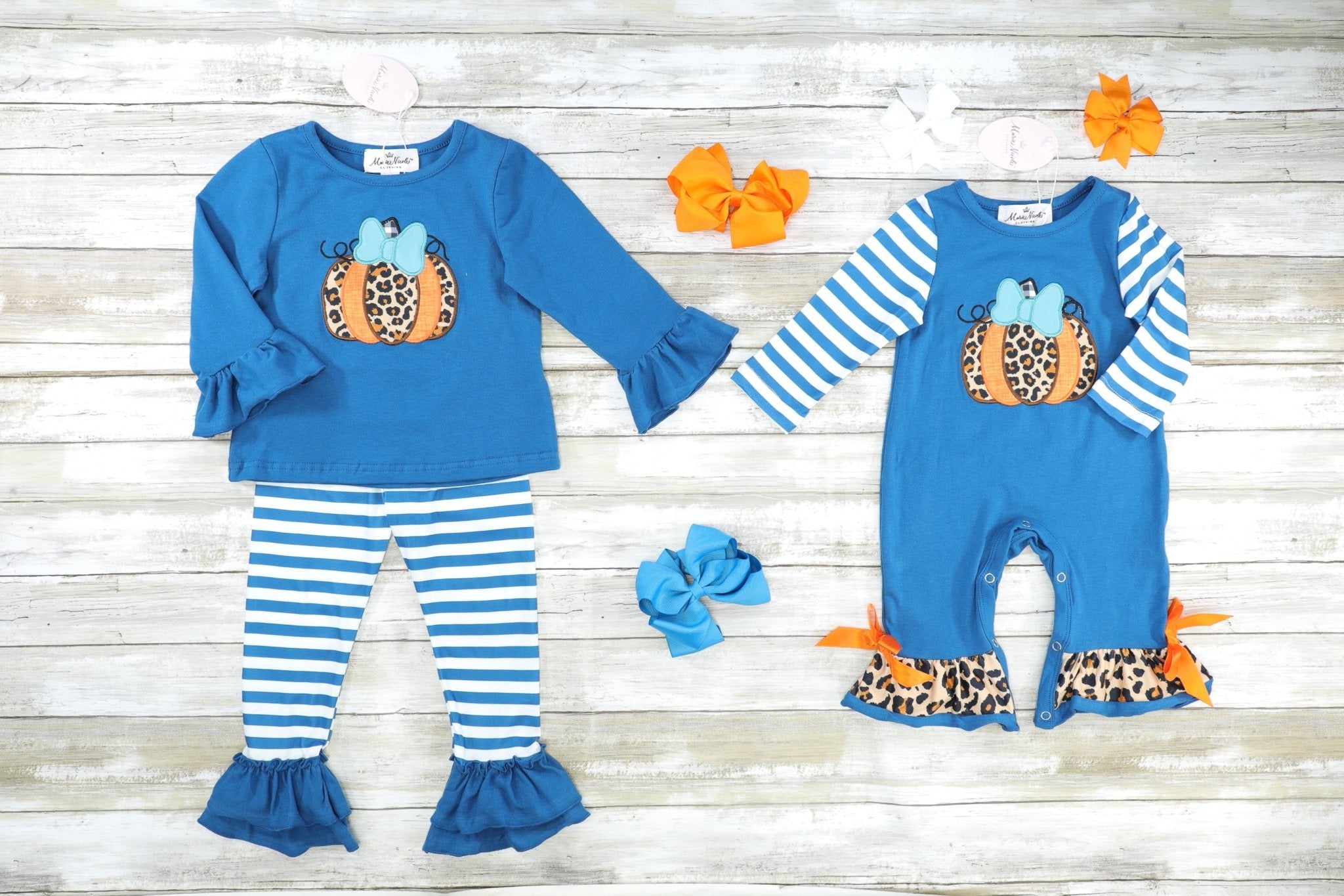 Teal Leopard Pumpkin Top & Striped Ruffle Bottoms Outfit - Marie Nicole Clothing