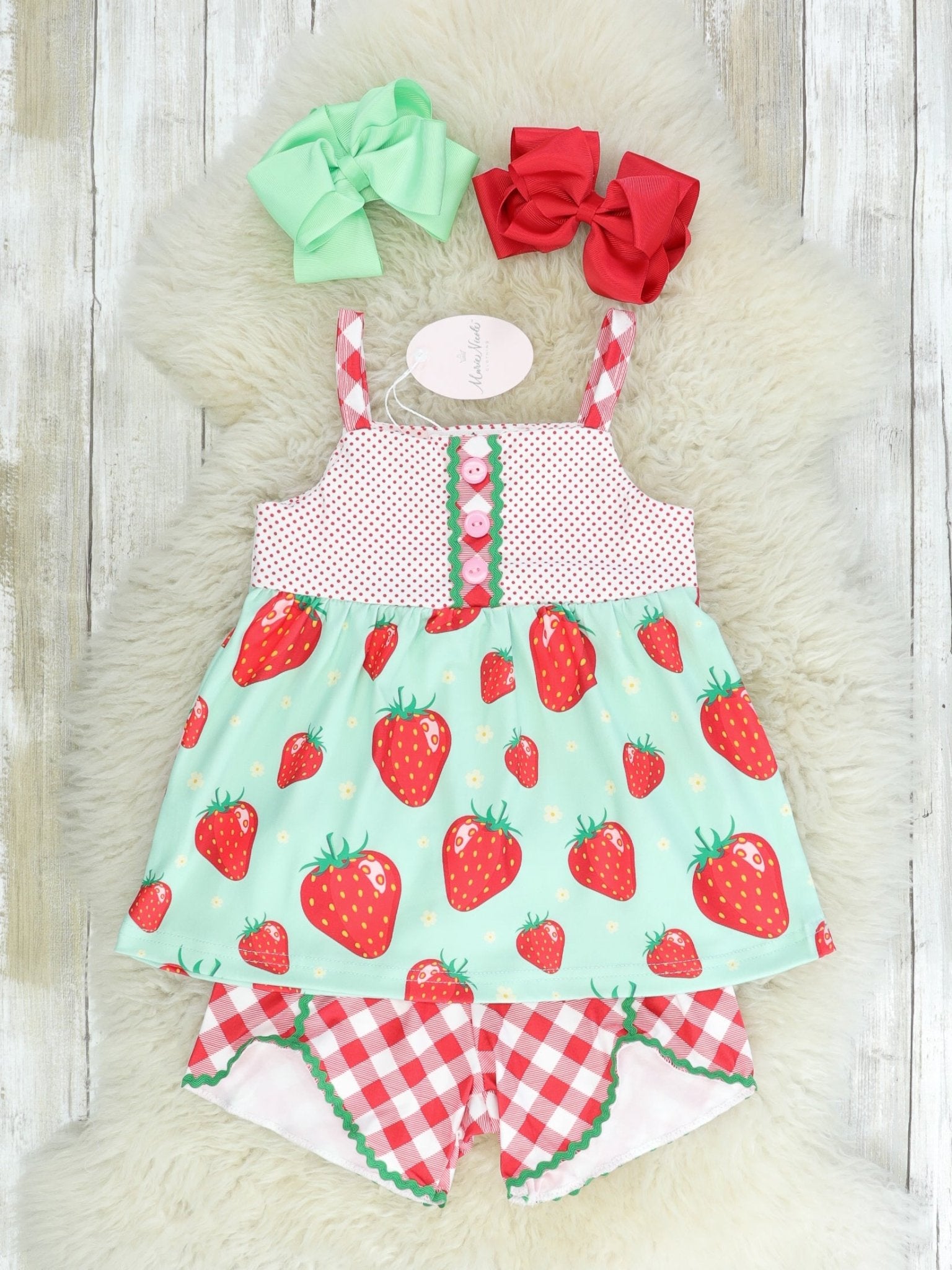 Mint Strawberry Tank & Checked Shorts Outfit - Marie Nicole Clothing