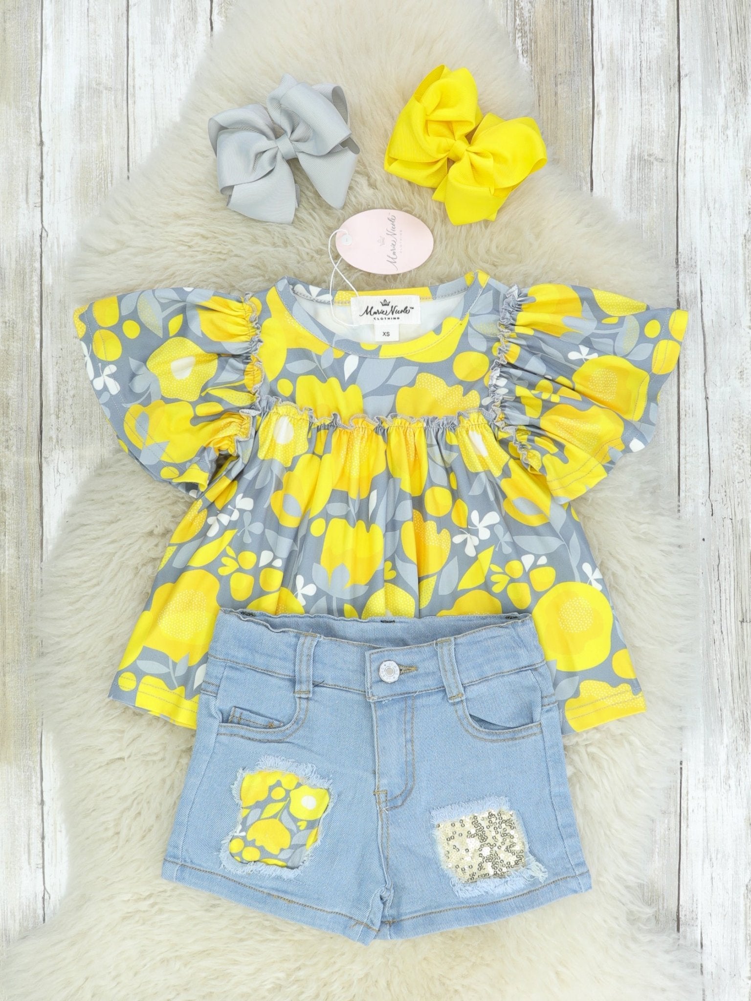 Lemon Ruffle Top & Distressed Denim Outfit - Marie Nicole Clothing