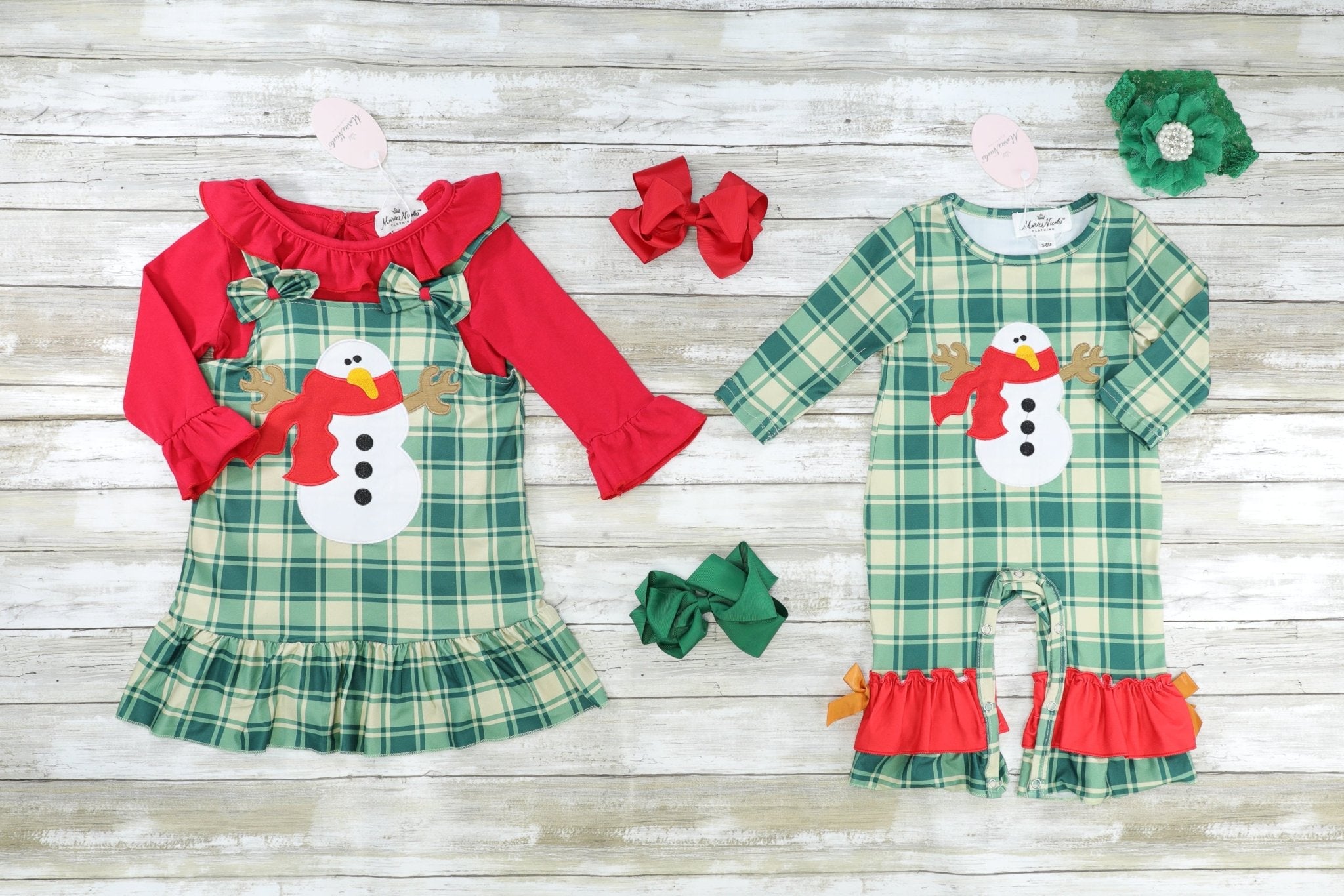 Green Plaid Snowman Ruffle Dress W/ Red Shirt - Marie Nicole Clothing