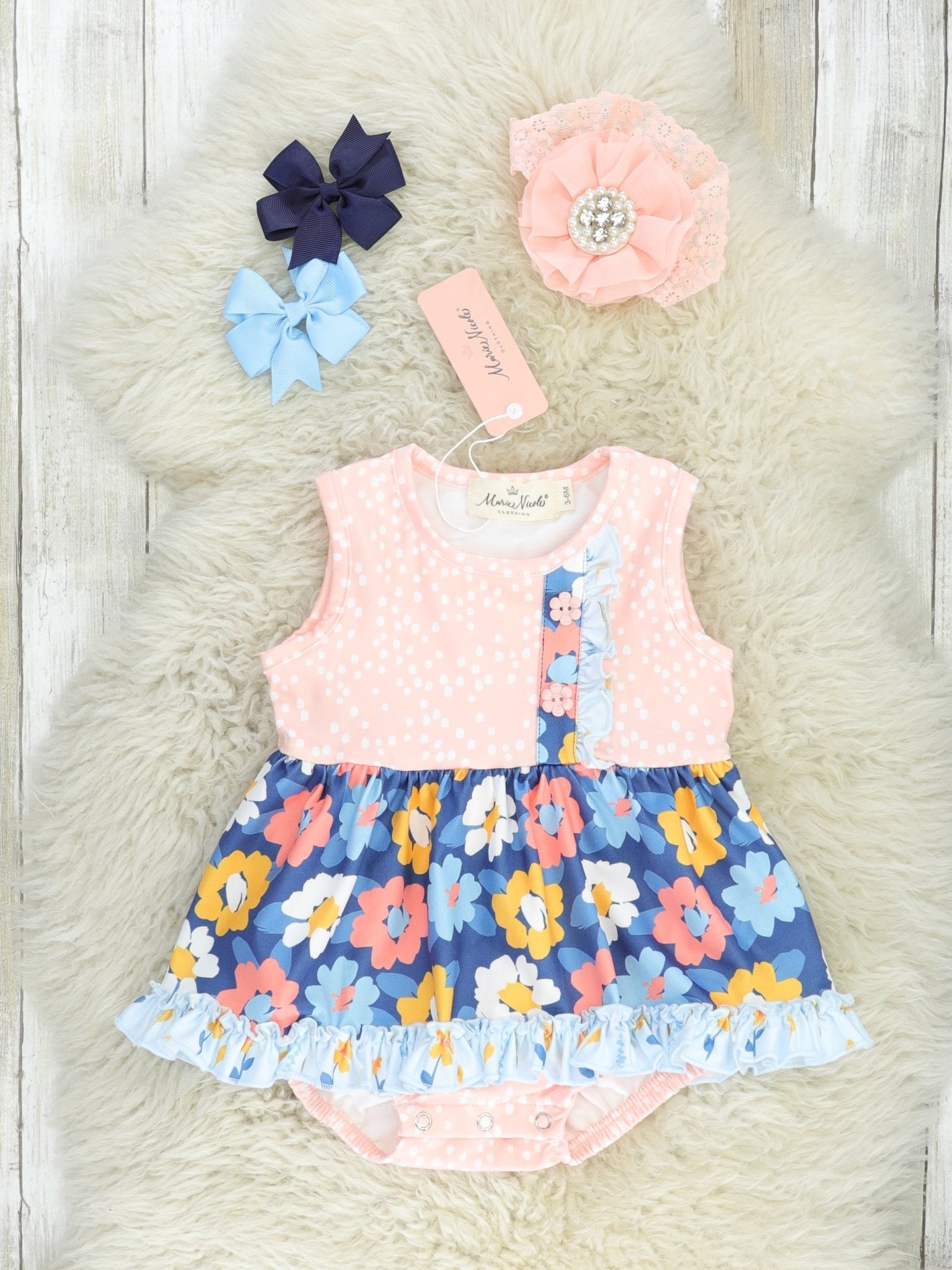 Navy Dahlia Ruffle Dressy Bubble Romper - Marie Nicole Clothing