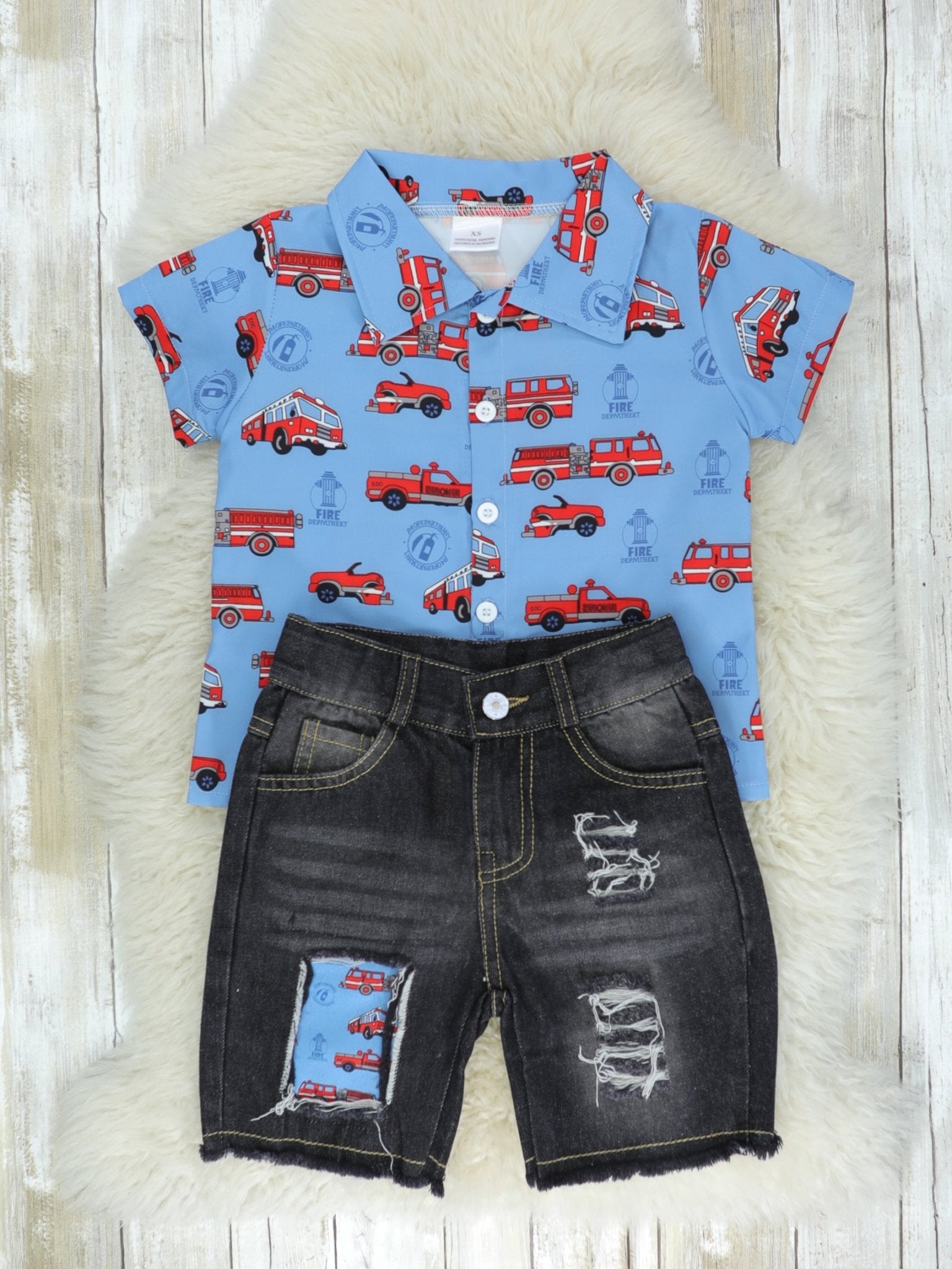 Fire Trucks Button Down & Denim Shorts Outfit - Marie Nicole Clothing