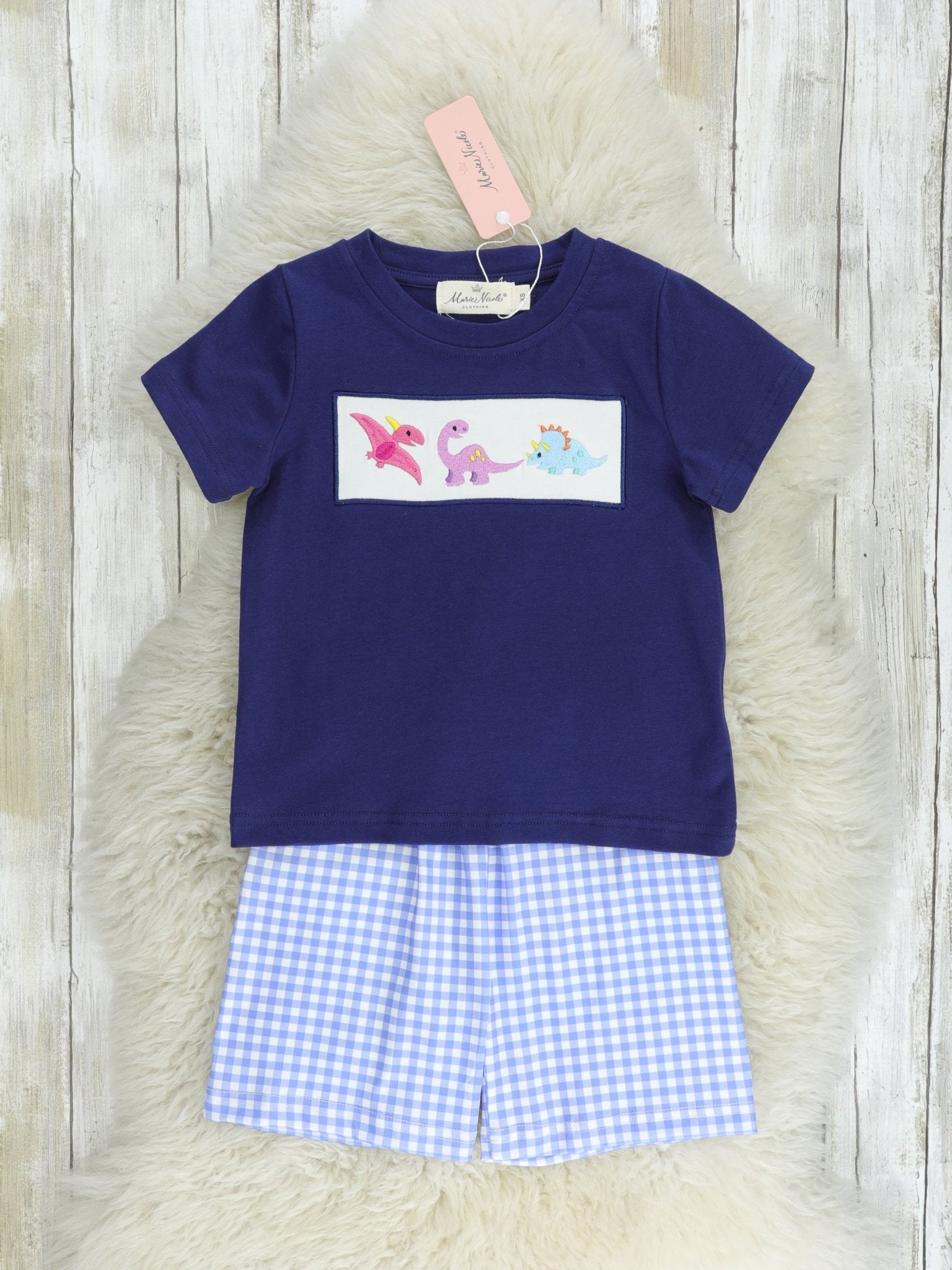 Blue Gingham Dinosaur Outfit - Marie Nicole Clothing