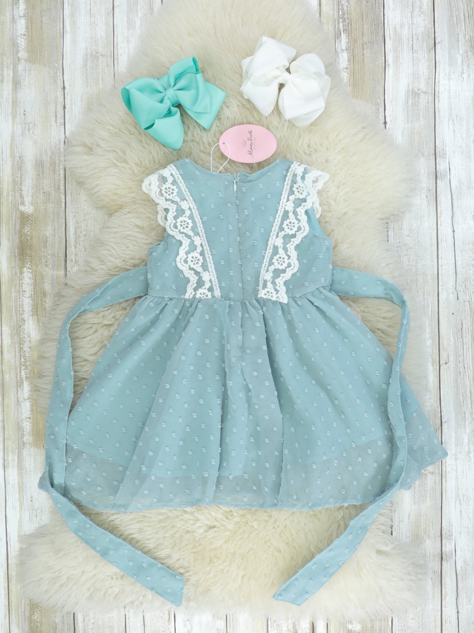 Ash Blue Lace Swiss Dot Dress - Marie Nicole Clothing