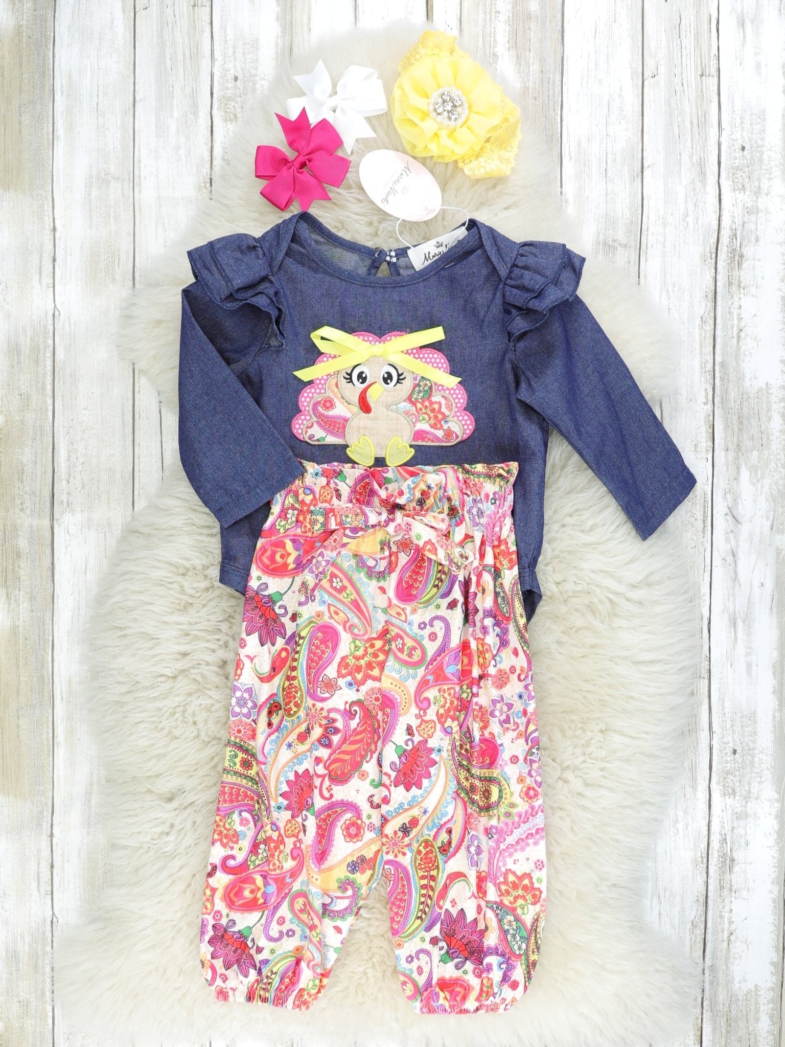 Pink Paisley Turkey Ruffle Romper Outfit - Marie Nicole Clothing