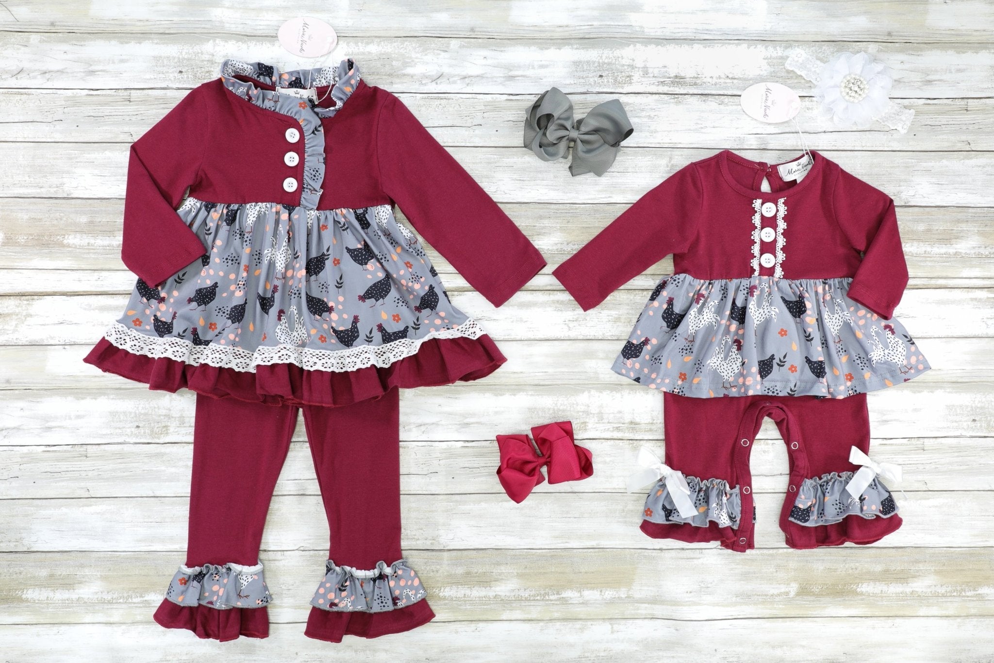 Maroon & Grey Chicken Ruffle Outfit - Marie Nicole Clothing
