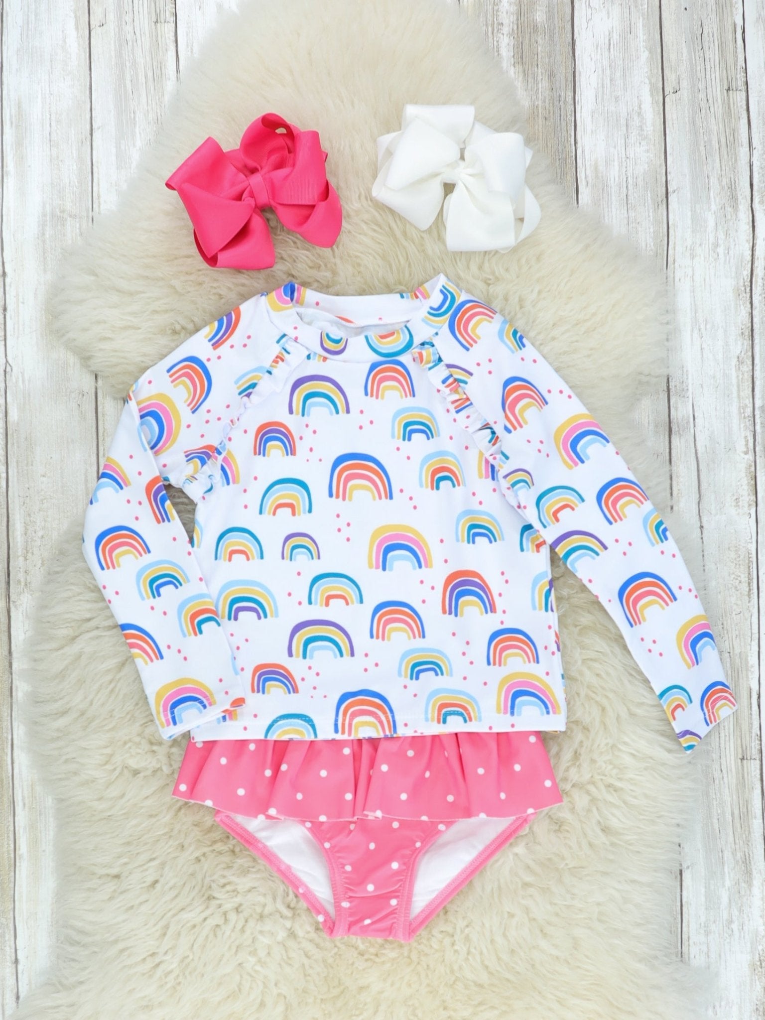 Rainbow Rash Guard & Pink Polka Dot Ruffle Swimsuit - Marie Nicole Clothing