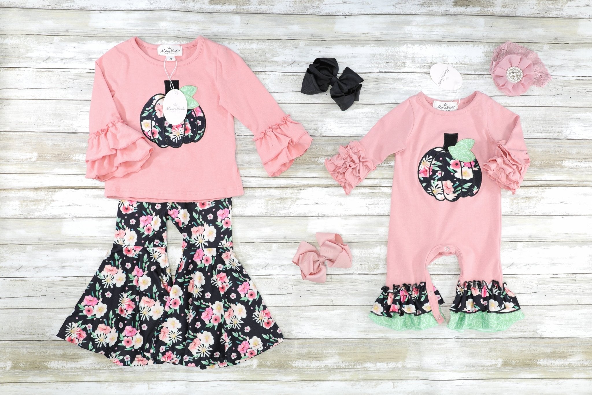 Pink & Black Floral Pumpkin Ruffle Romper - Marie Nicole Clothing