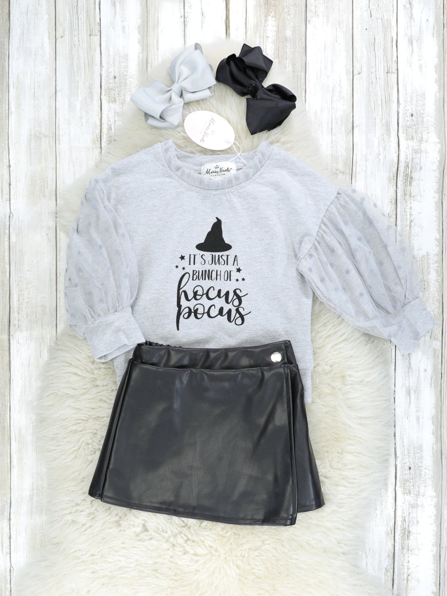 "Just A Bunch Hocus Pocus" Swiss Dot Top & Leather Skirt Set - Marie Nicole Clothing