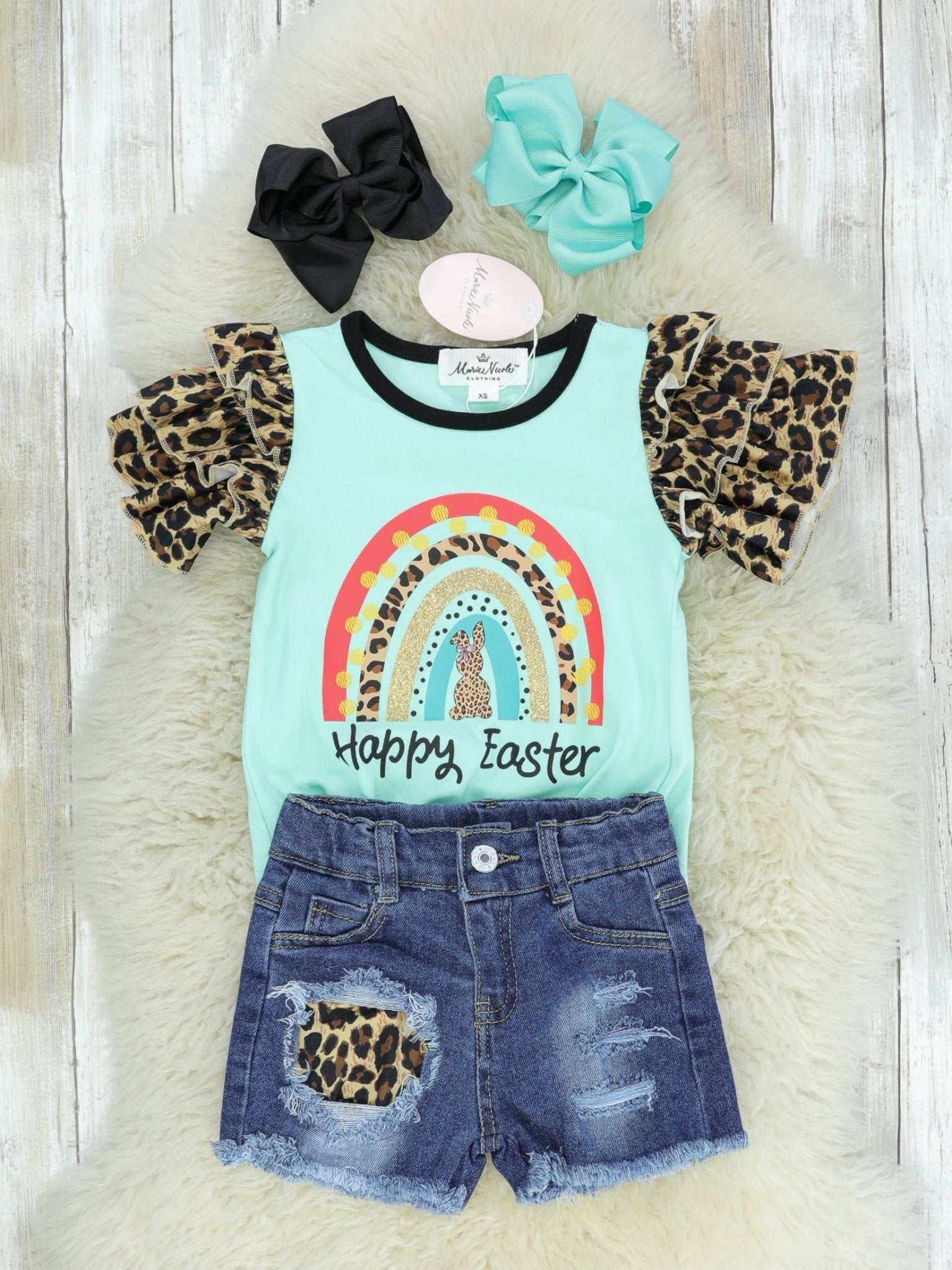 "Happy Easter" Rainbow Ruffle Leopard Denim Outfit - Marie Nicole Clothing