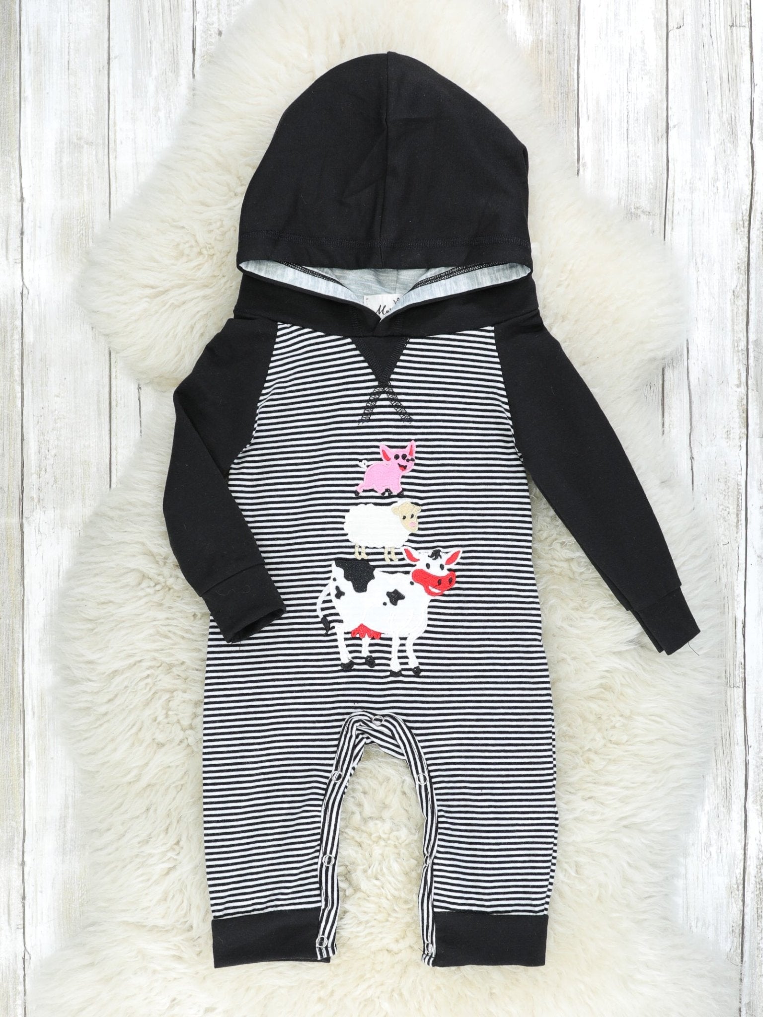 Striped Barnyard Stack Raglan Hoodie Romper - Marie Nicole Clothing