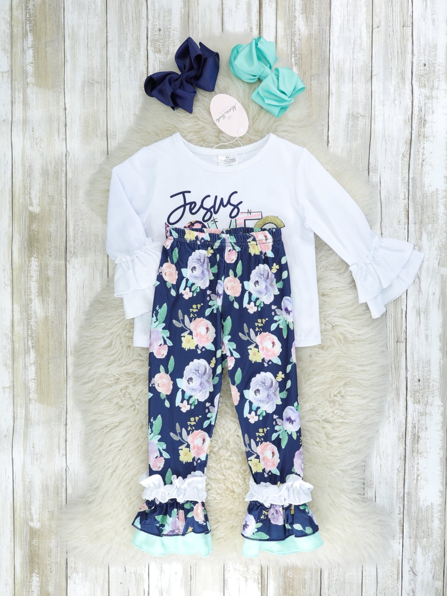 "Jesus Loves Me" Ruffle Top & Floral Pants Outfit - Marie Nicole Clothing
