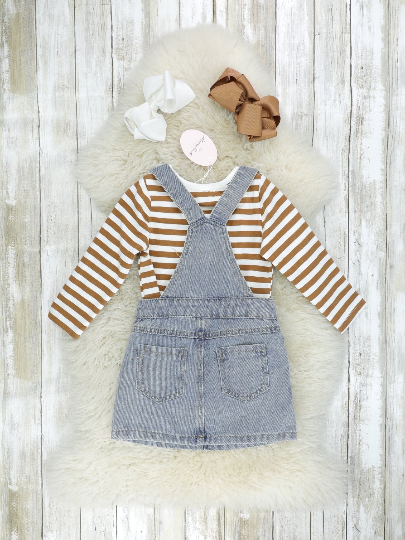 Brown Striped Shirt & Denim Reindeer Overall Dress Set - Marie Nicole Clothing