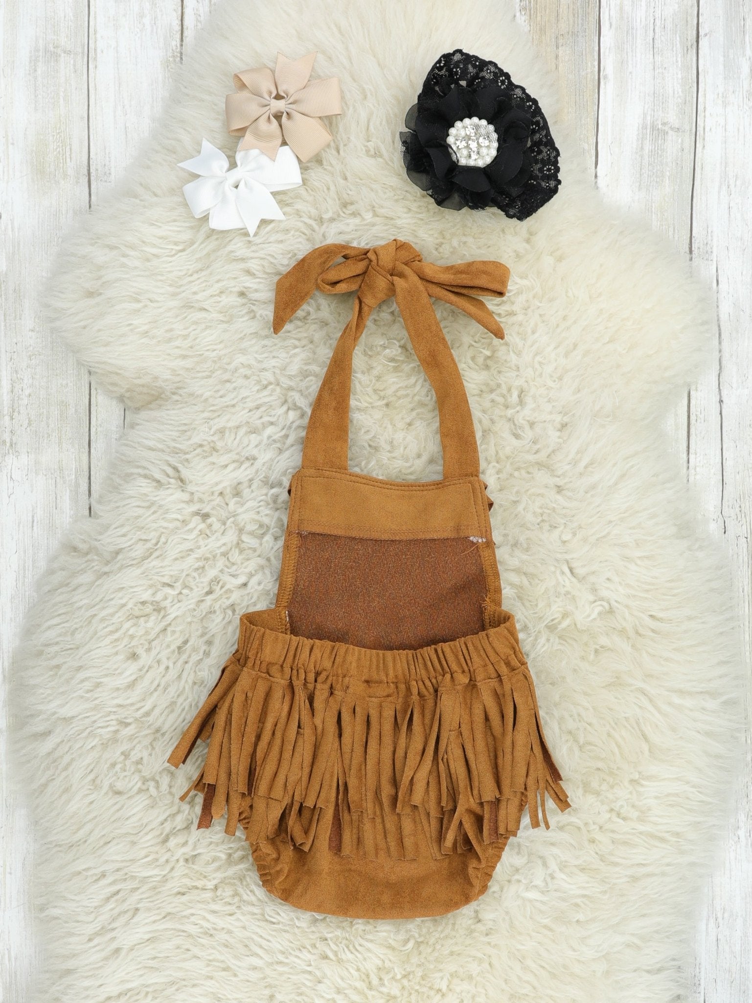 Brown Suede Fringe Tie Bubble Romper - Marie Nicole Clothing