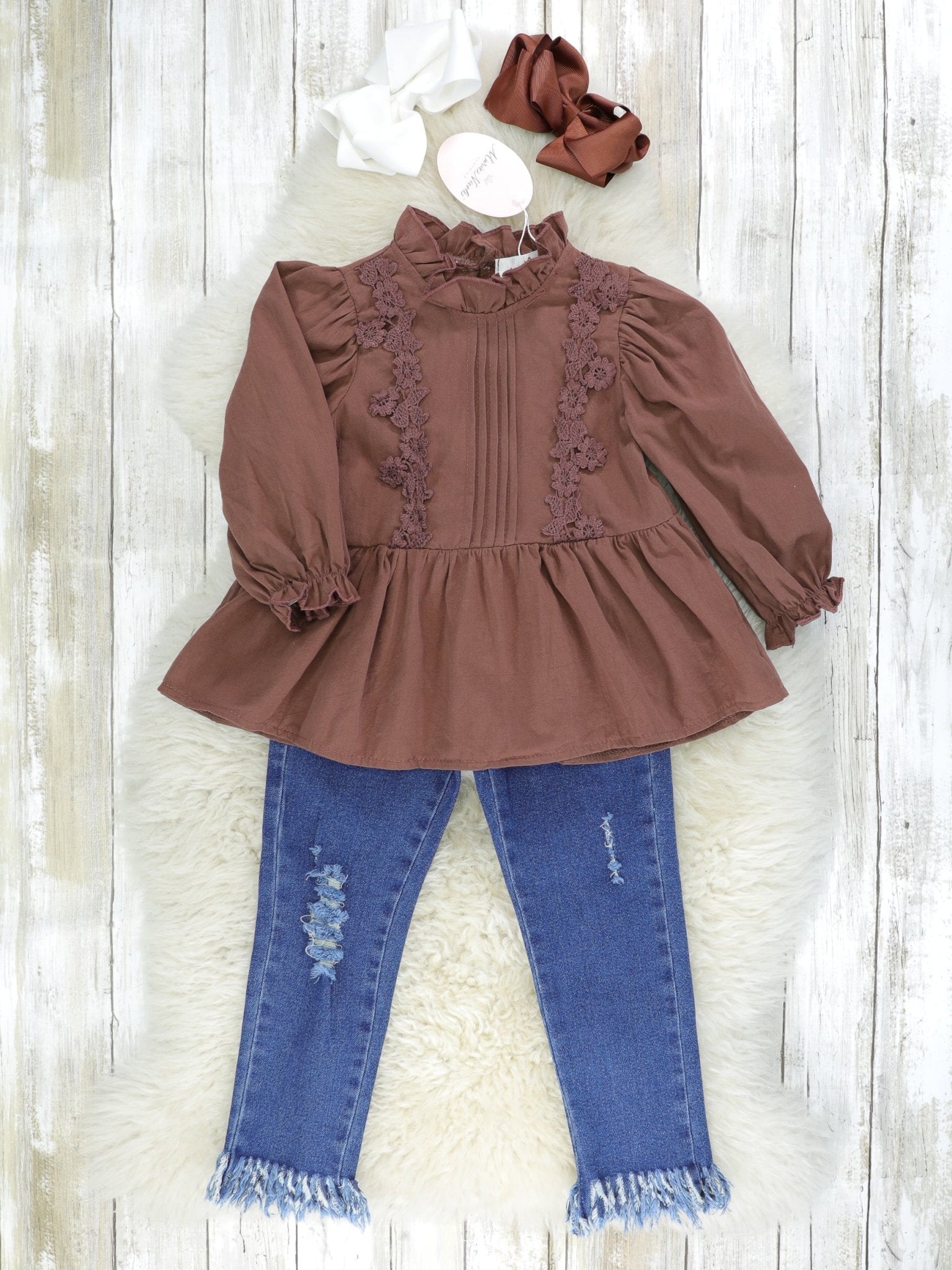 Brown Vintage Mock Neck Top & Distressed Denim Outfit - Marie Nicole Clothing