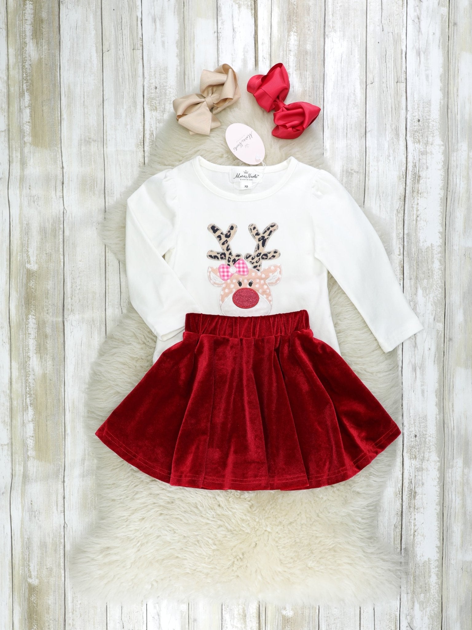 Red Reindeer Velvet Leopard Outfit - Marie Nicole Clothing