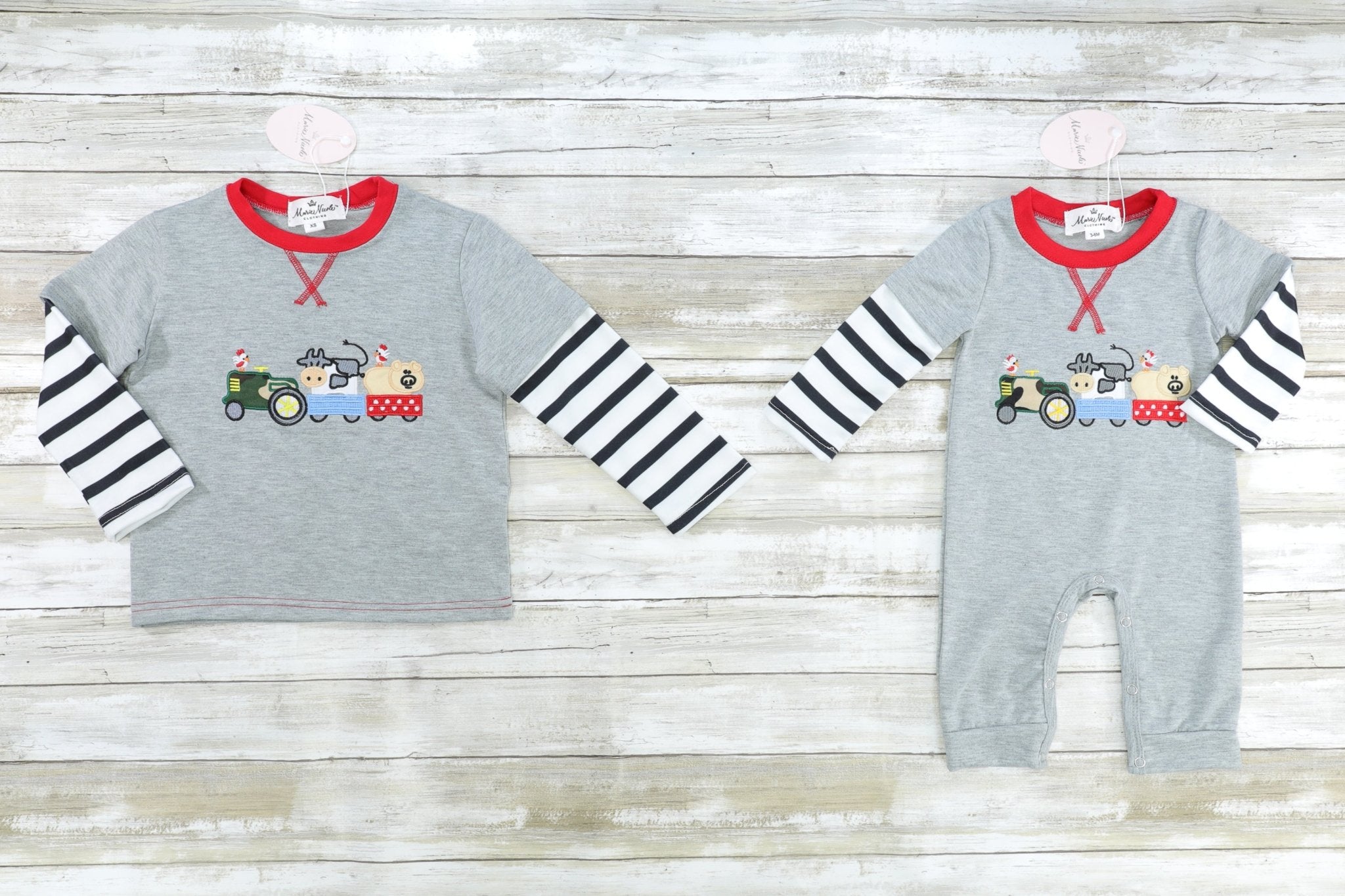 Farm Animals On A Tractor Striped Romper - Marie Nicole Clothing